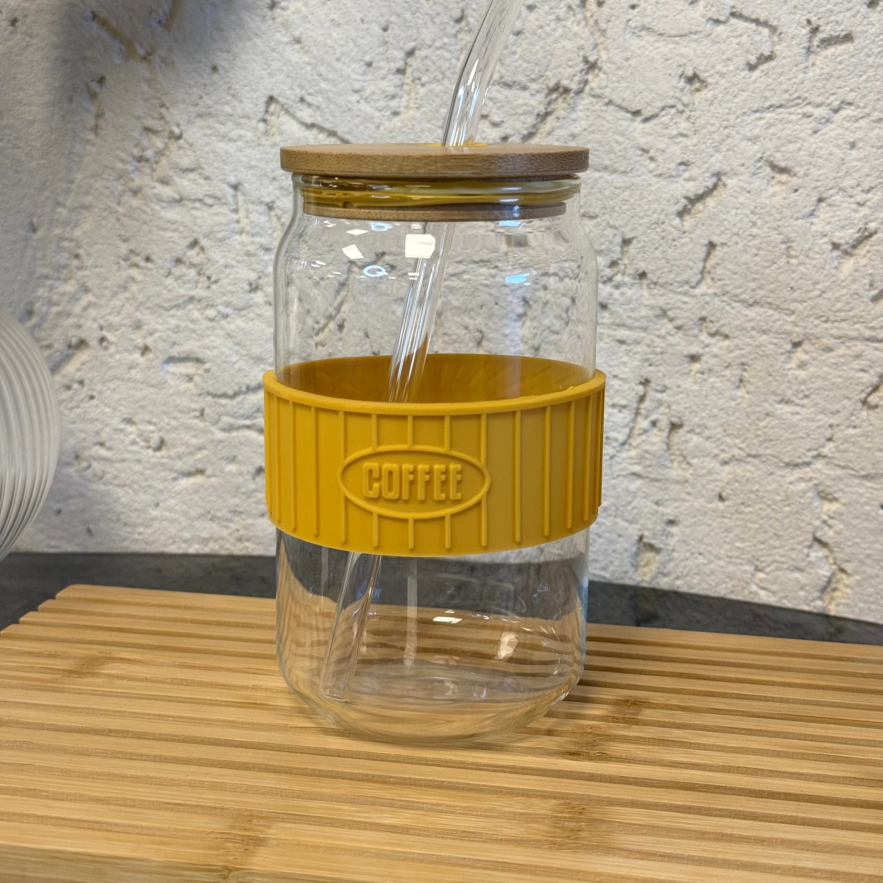 Buhara Silikon Tutmalı Tombul Borosilikat Cam Bardak 500 ML Hardal 