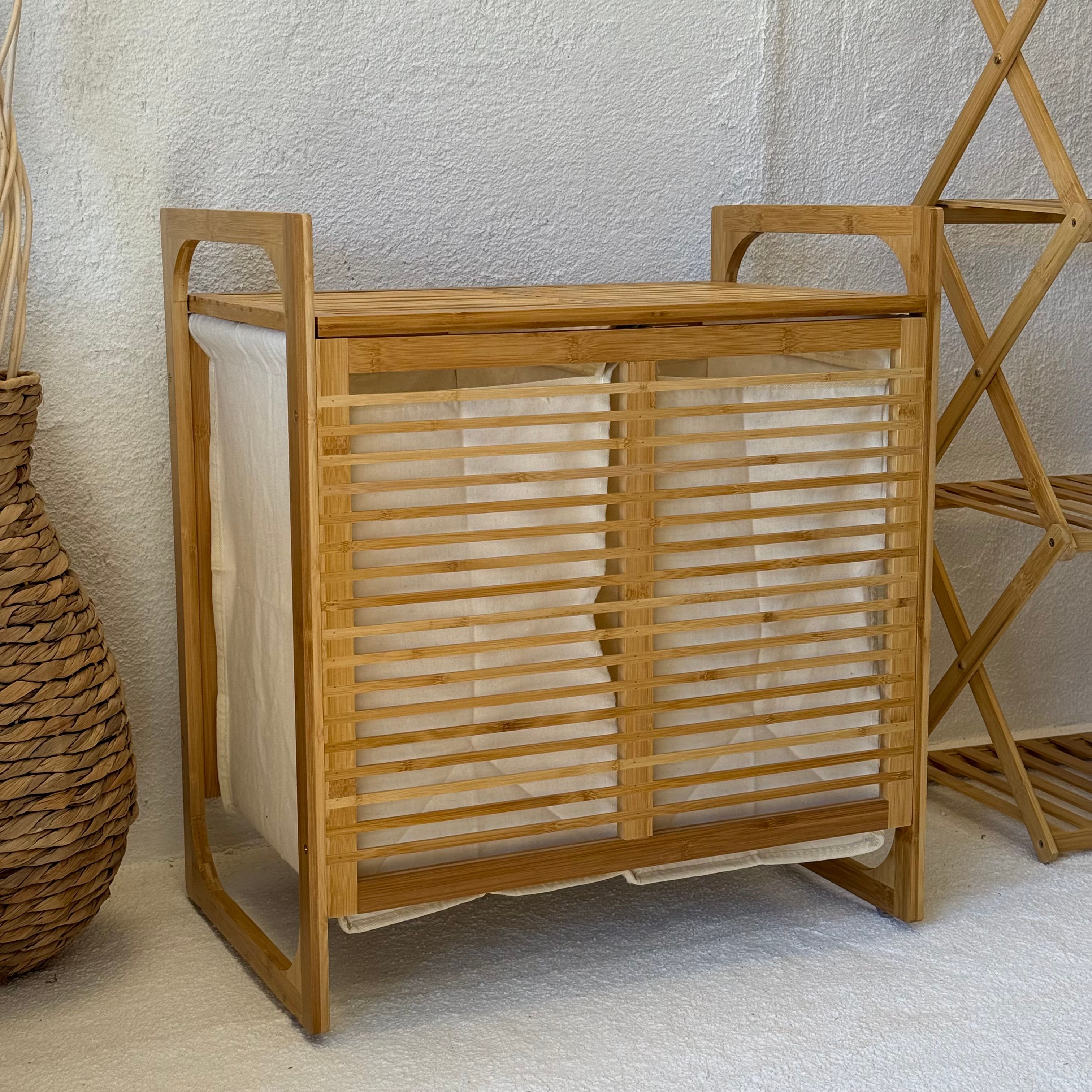 Powder 2 Bölmeli Bambu Kapaklı Kirli Çamaşır Sepeti 61x54,5x35 cm Krem 