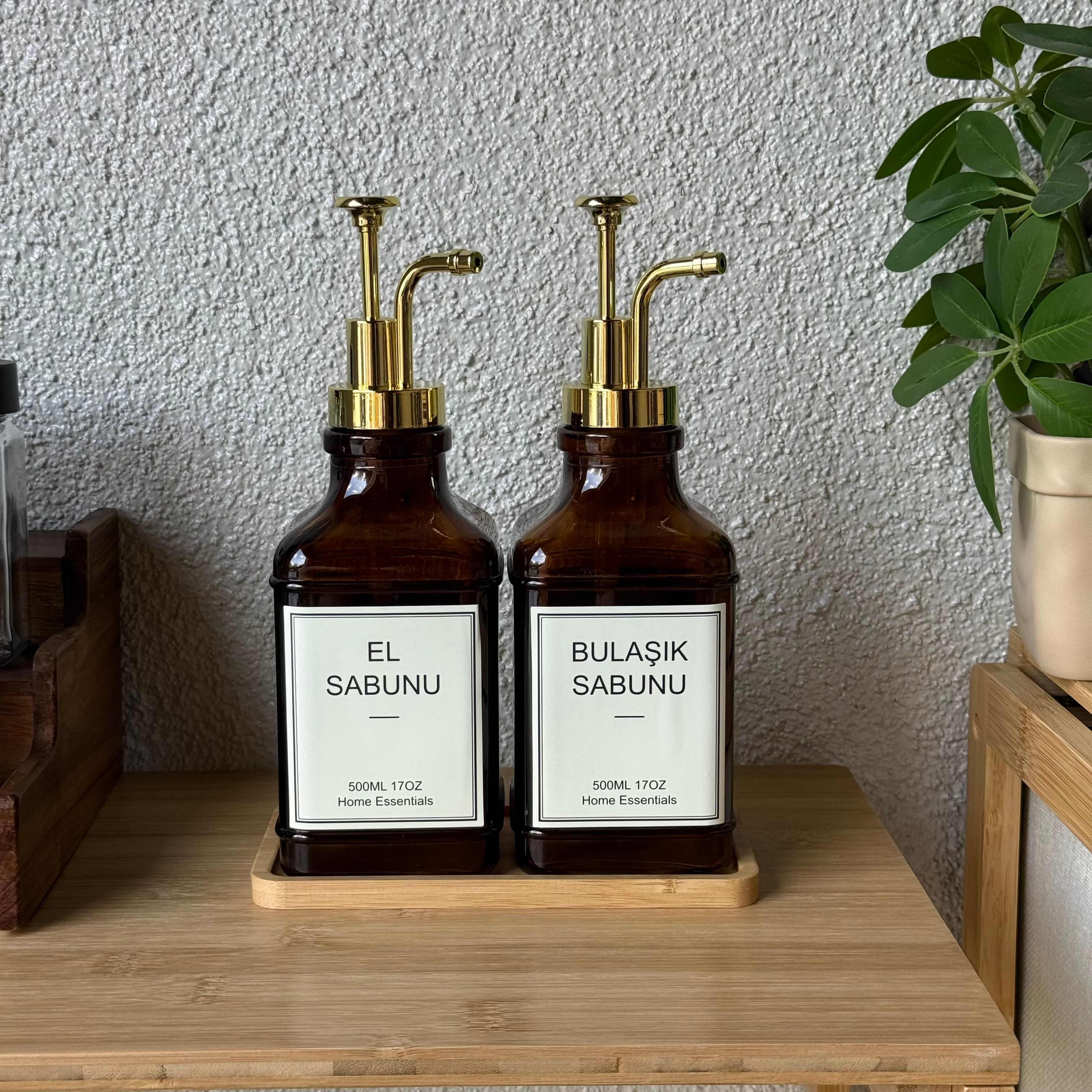 Lucia Bambu Standlı İkili Cam Kare Sıvı Sabunluk Seti Amber 500 ml 