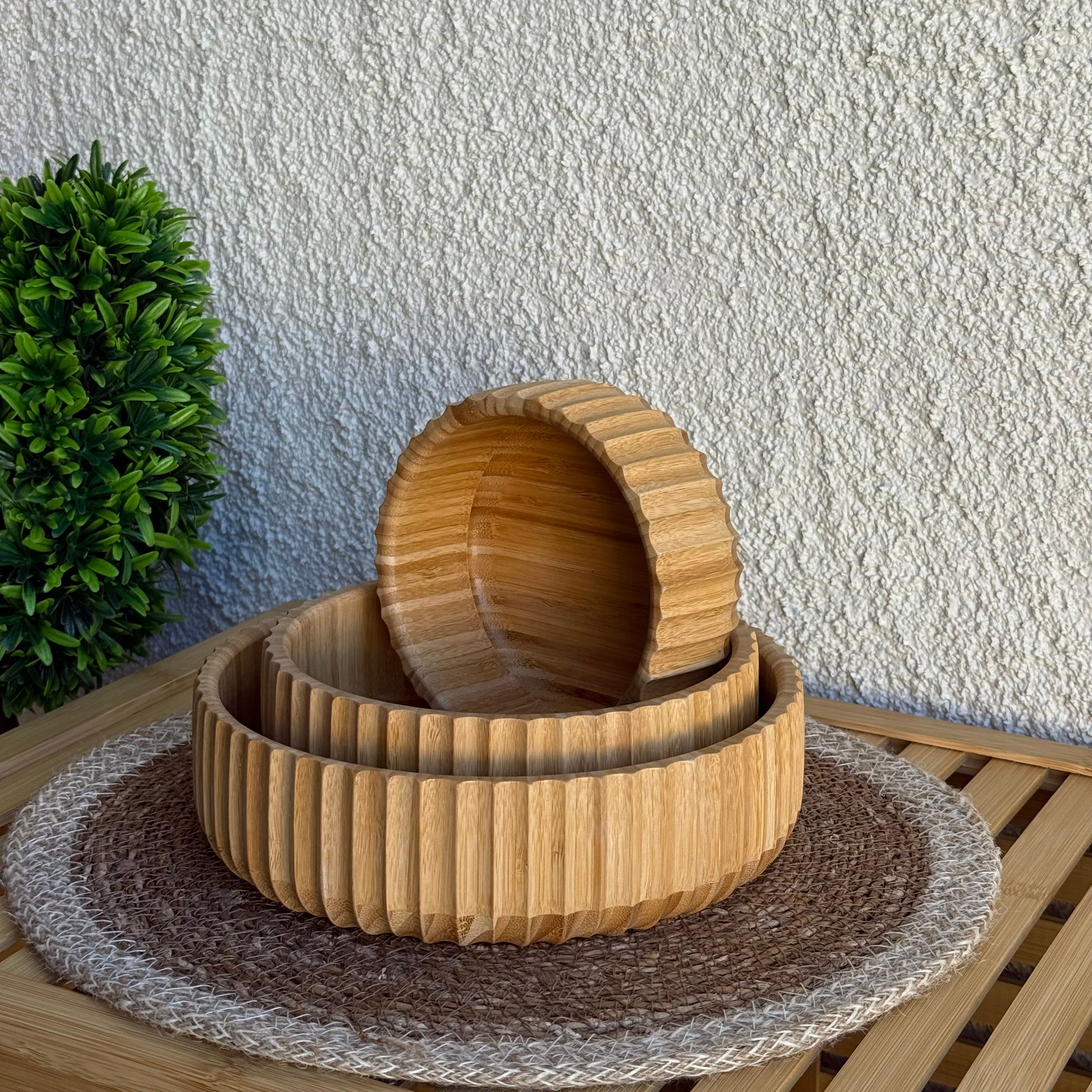 Barotti Bambu 3 Boy Çizgili Yuvarlak Kase 22 cm, 18 cm, 14 cm 