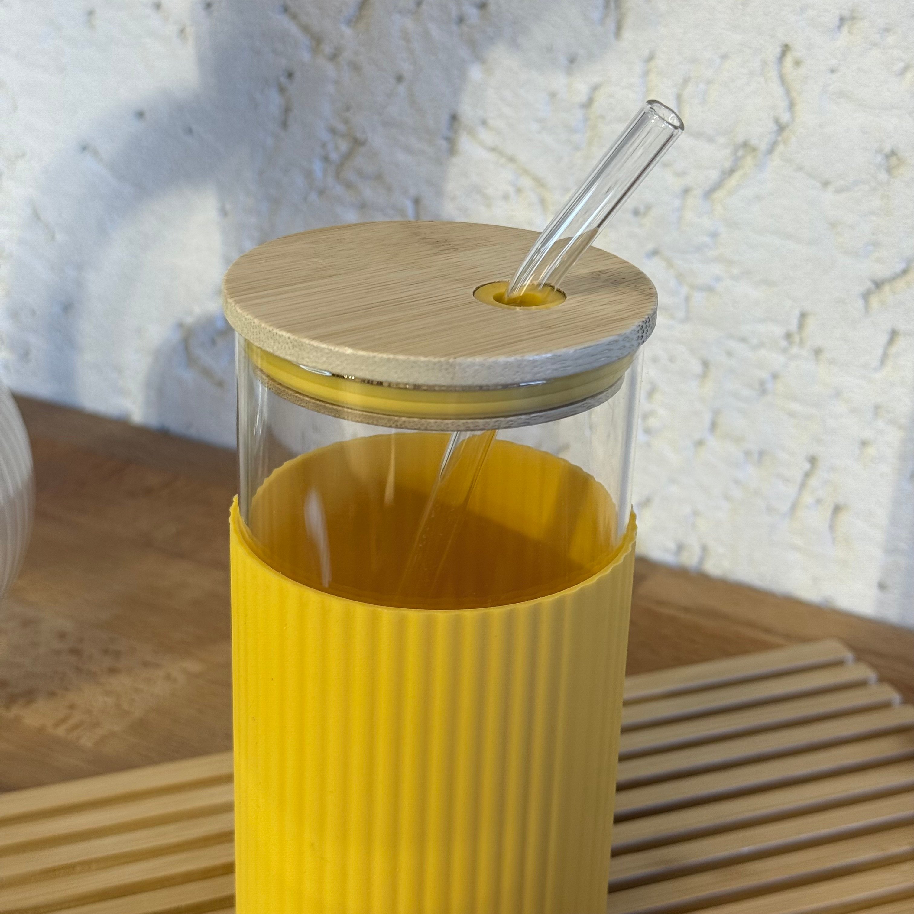 Buhara Silindir Silikon Tutmalı Borosilikat Cam Pipetli Bardak 520 ml Hardal