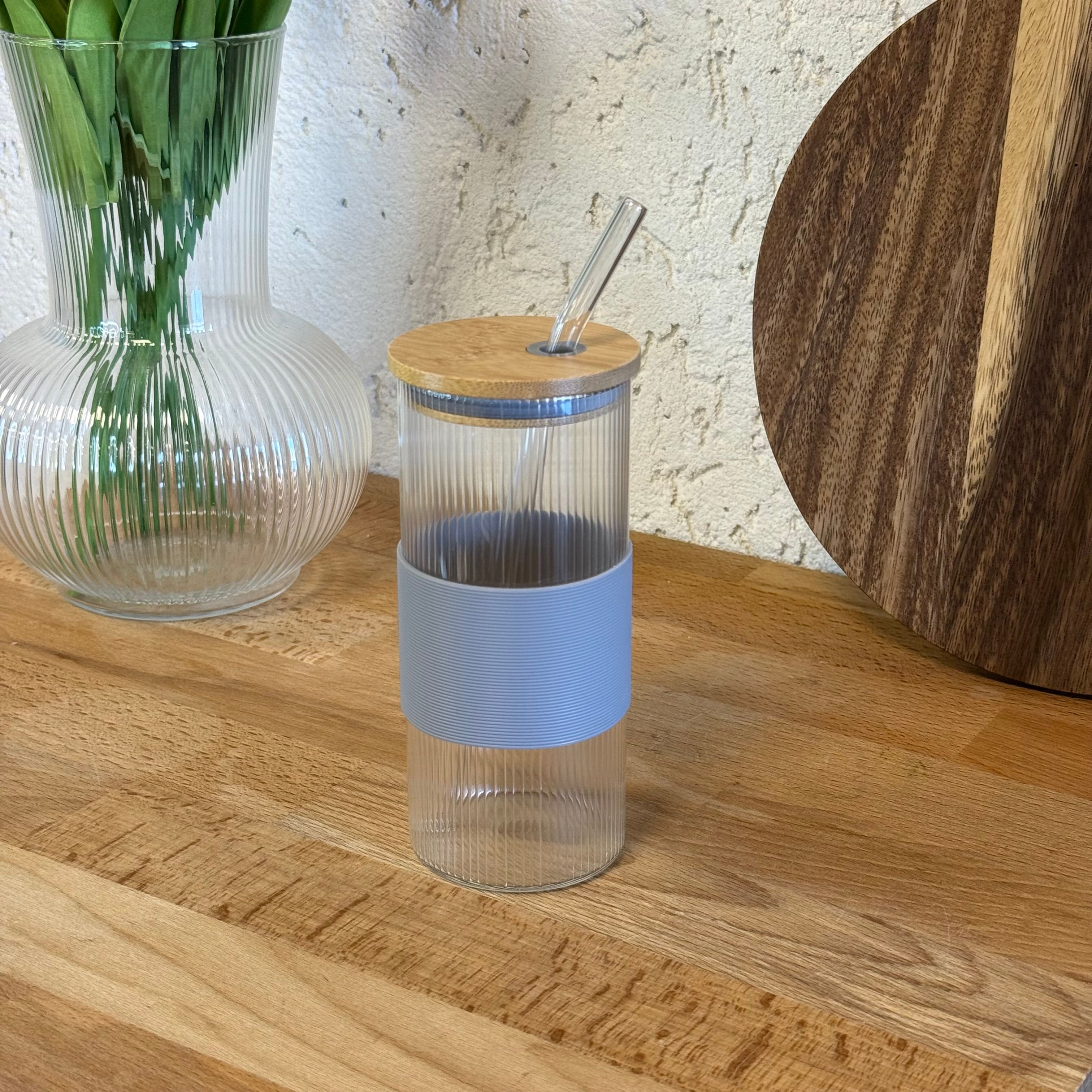 Buhara Silikon Tutmalı Yuvarlak İnce Çizgi Borosilikat Cam Bardak 400 ML Gri 