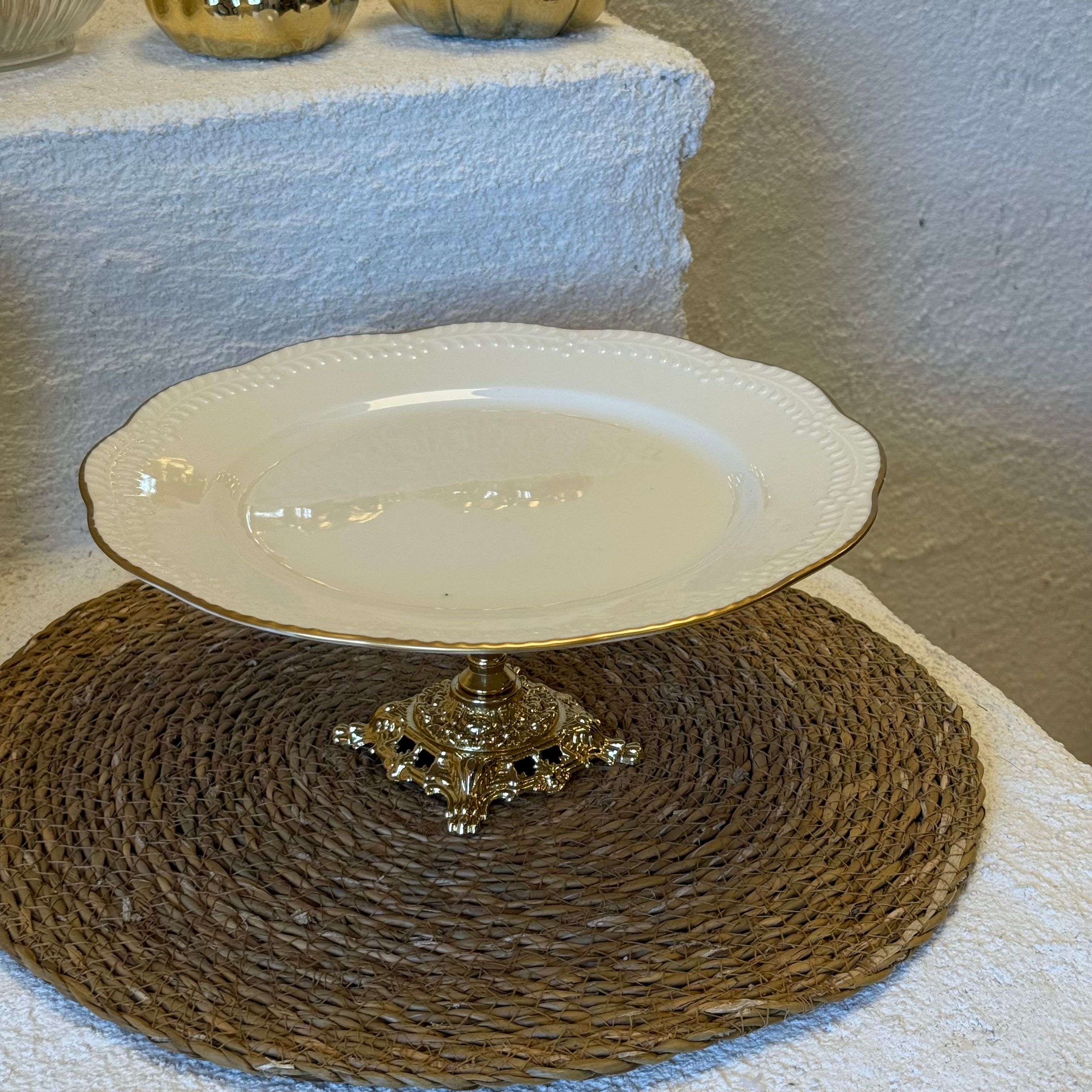 Lüks Porselen Gold Ayaklı Yuvarlak Sunumluk 26x26x11 cm (3730)