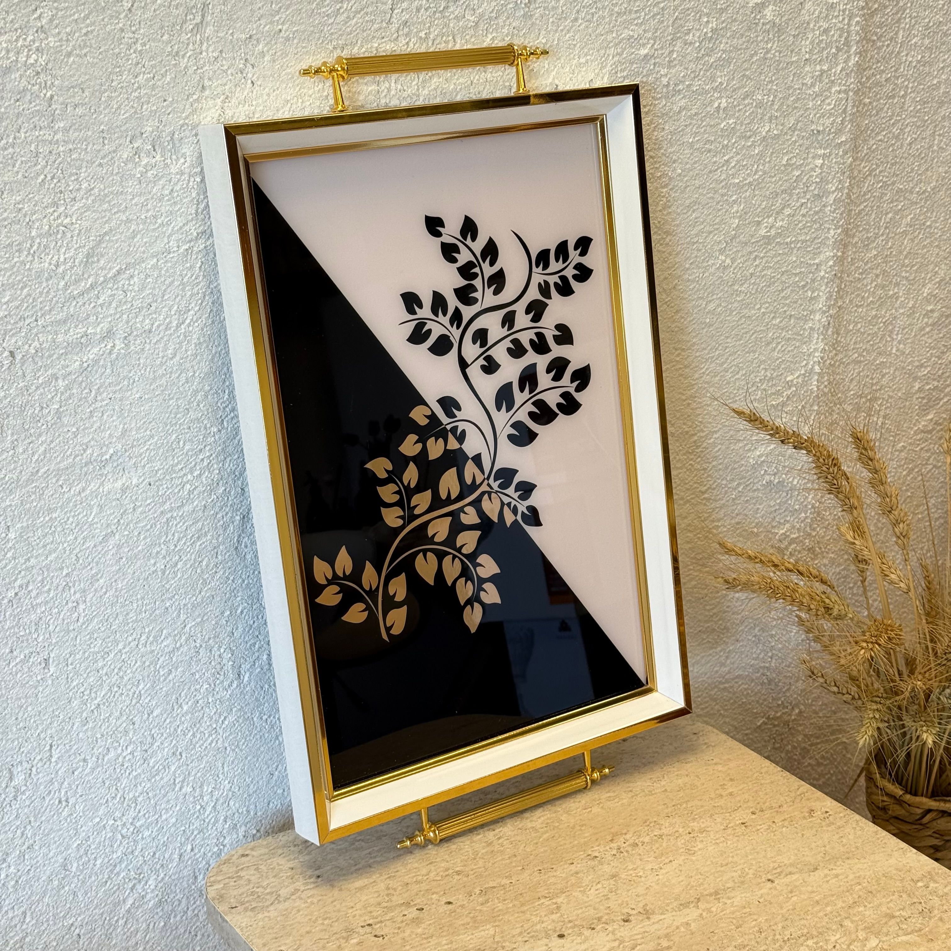 Diana Büyük Boy Lüks Gold Detaylı Tepsi Siyah-Beyaz 48x29 cm 