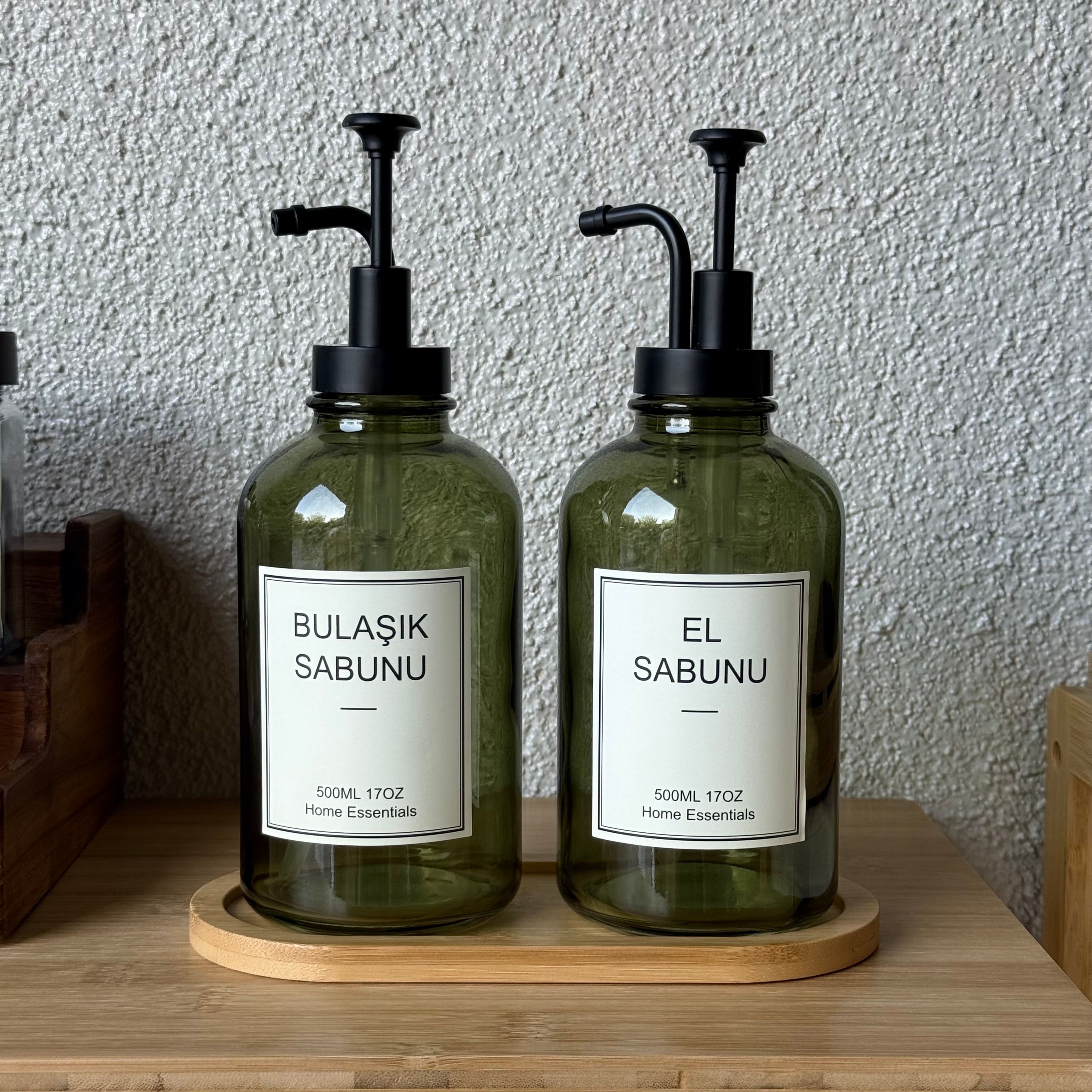Selena Bambu Standlı İkili Cam Yuvarlak Sıvı Sabunluk Seti Yeşil 500 ml 