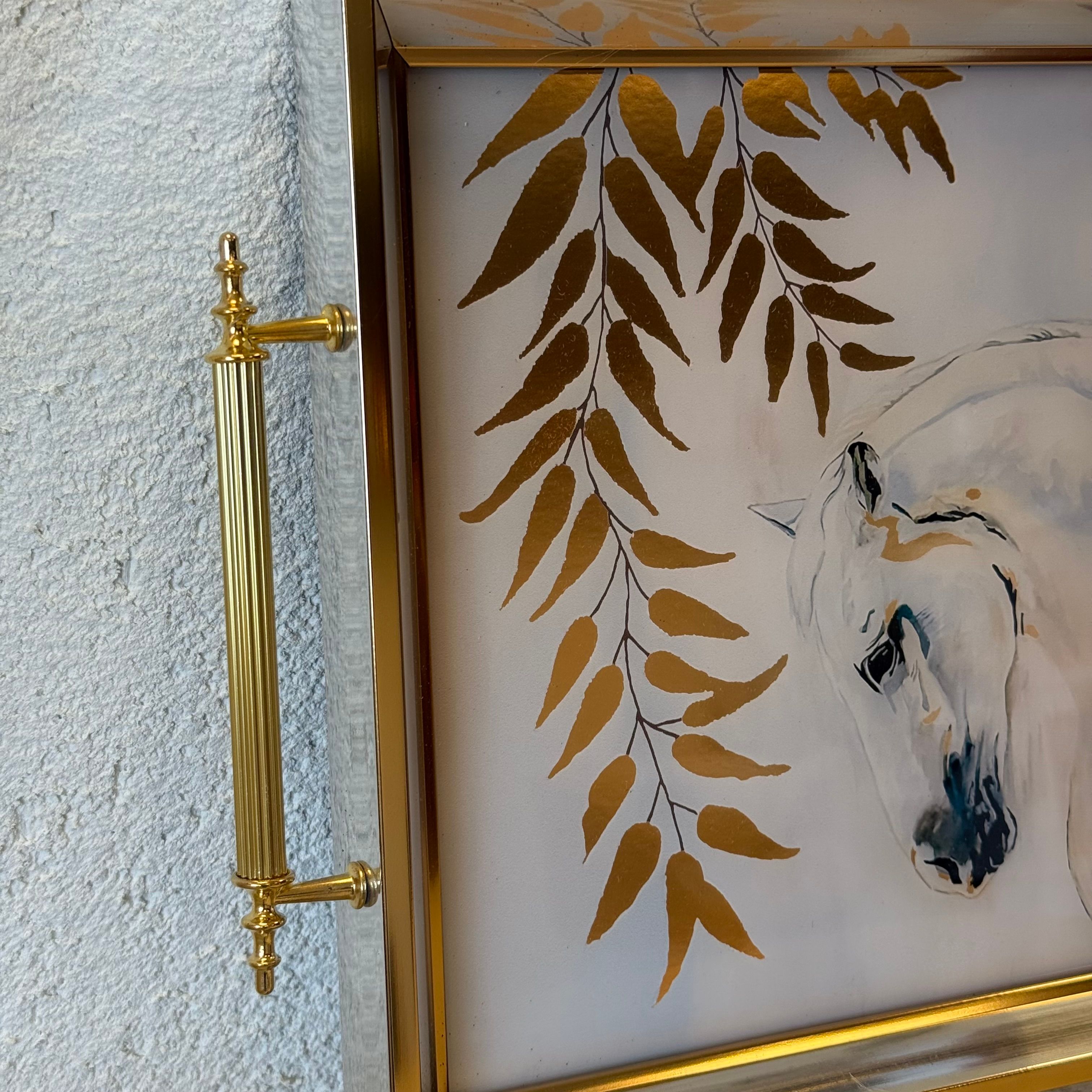 Horse Büyük Boy Lüks Gold Detaylı Tepsi Beyaz 48x29 cm 