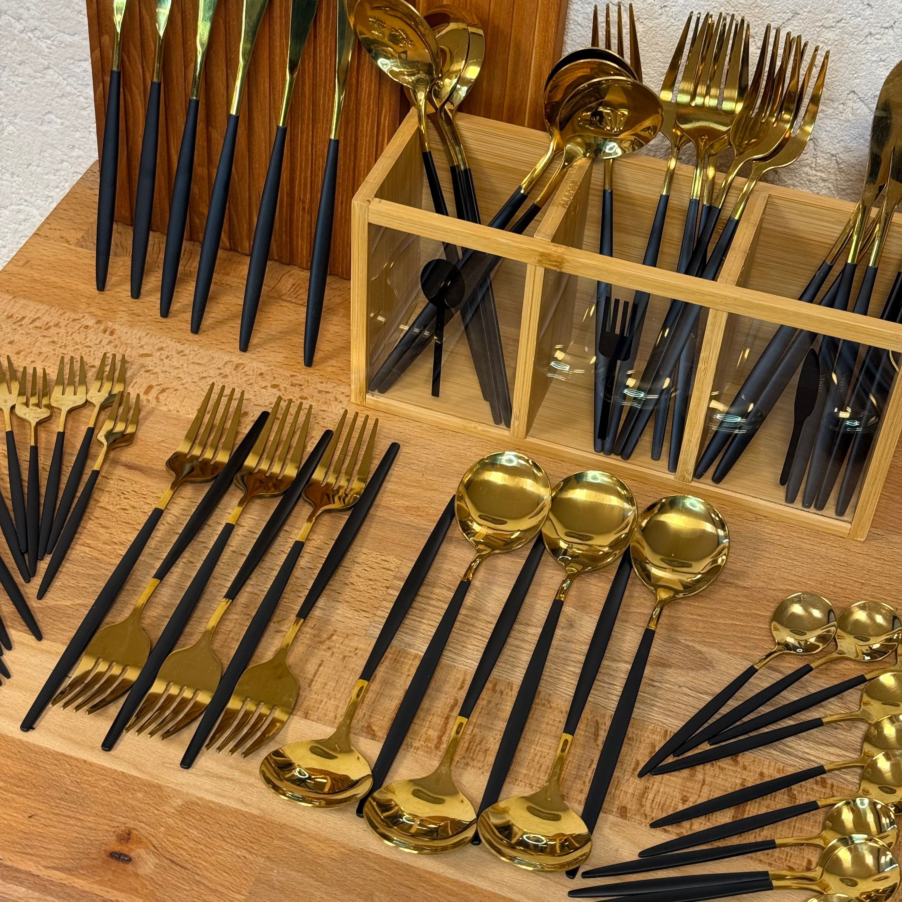 Zra Model 60 Parça Çatal Kaşık Bıçak Seti Siyah-Gold (Çok Satanlarda) 12 Kişilik