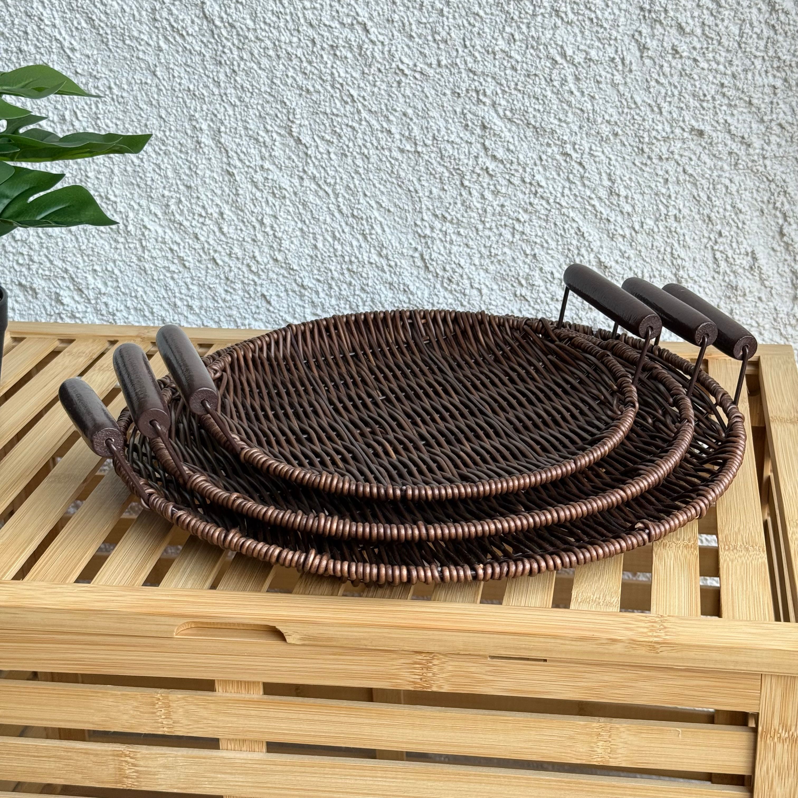 Rattan Kulplu 3 Boy Yuvarlak Tepsi Seti Kahve Rengi 