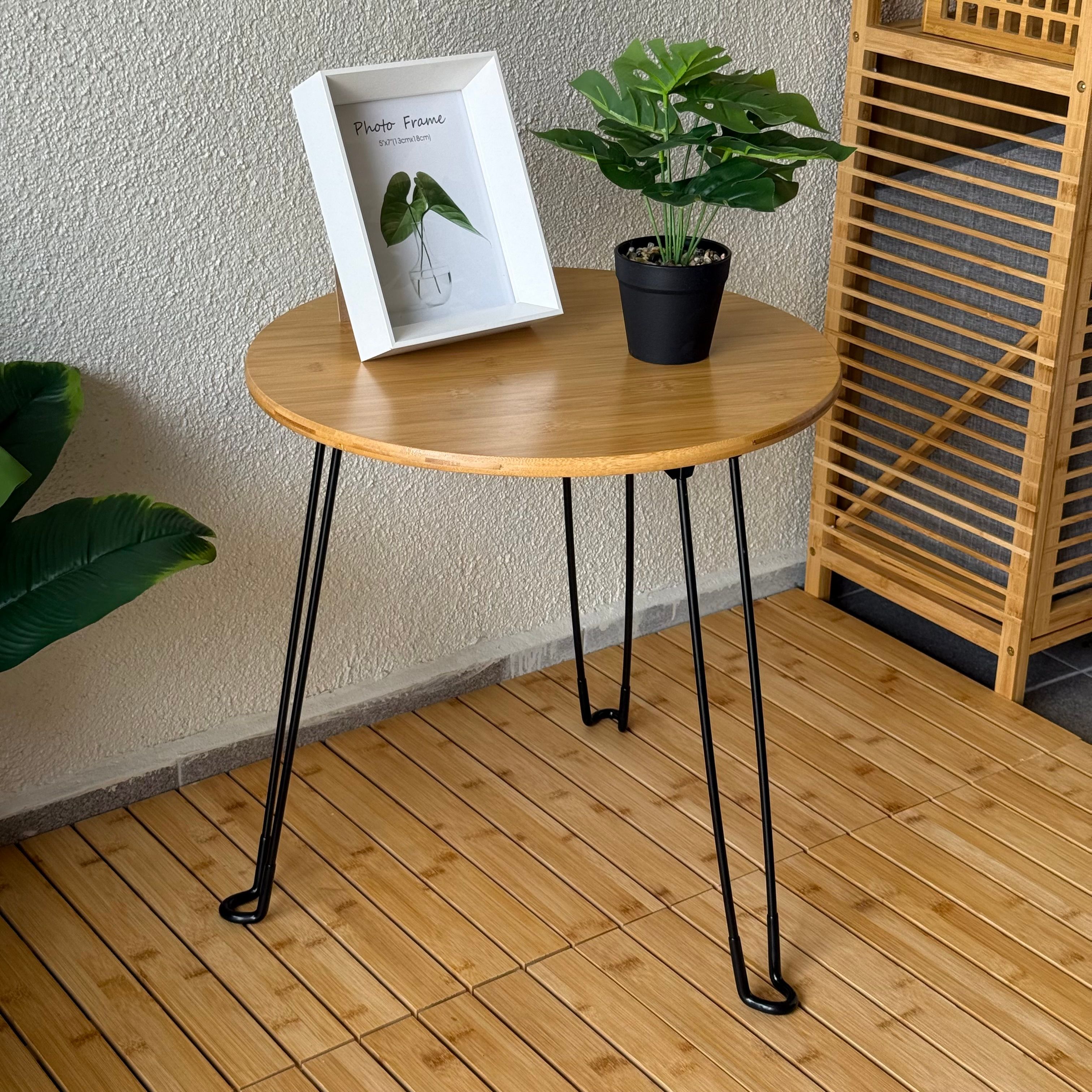 Morena Yuvarlak Metal Ayaklı Katlanır Bambu Sehpa 45x45x46 CM 