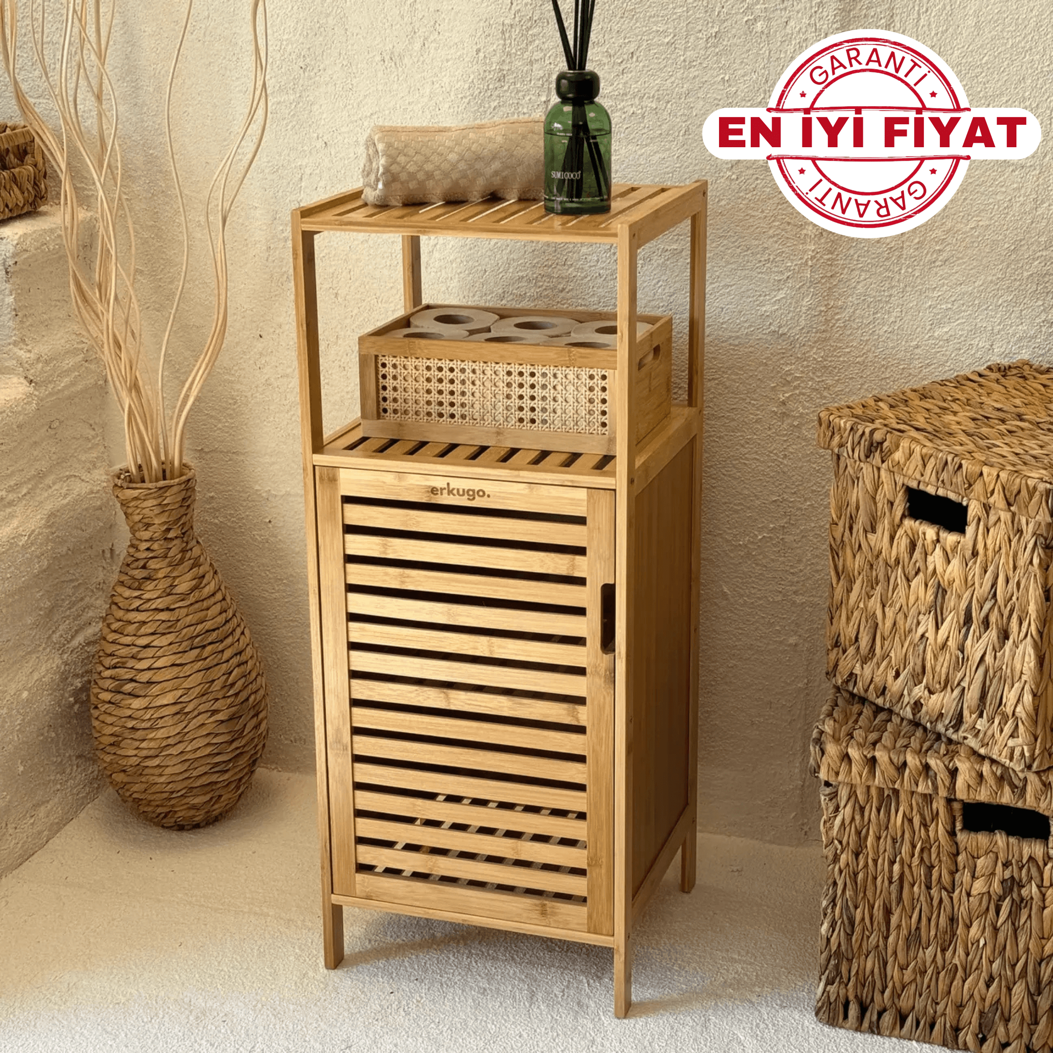 Erko Bambu Kapaklı 2 Katlı Raf Banyo Dolabı 86x36x30 cm 