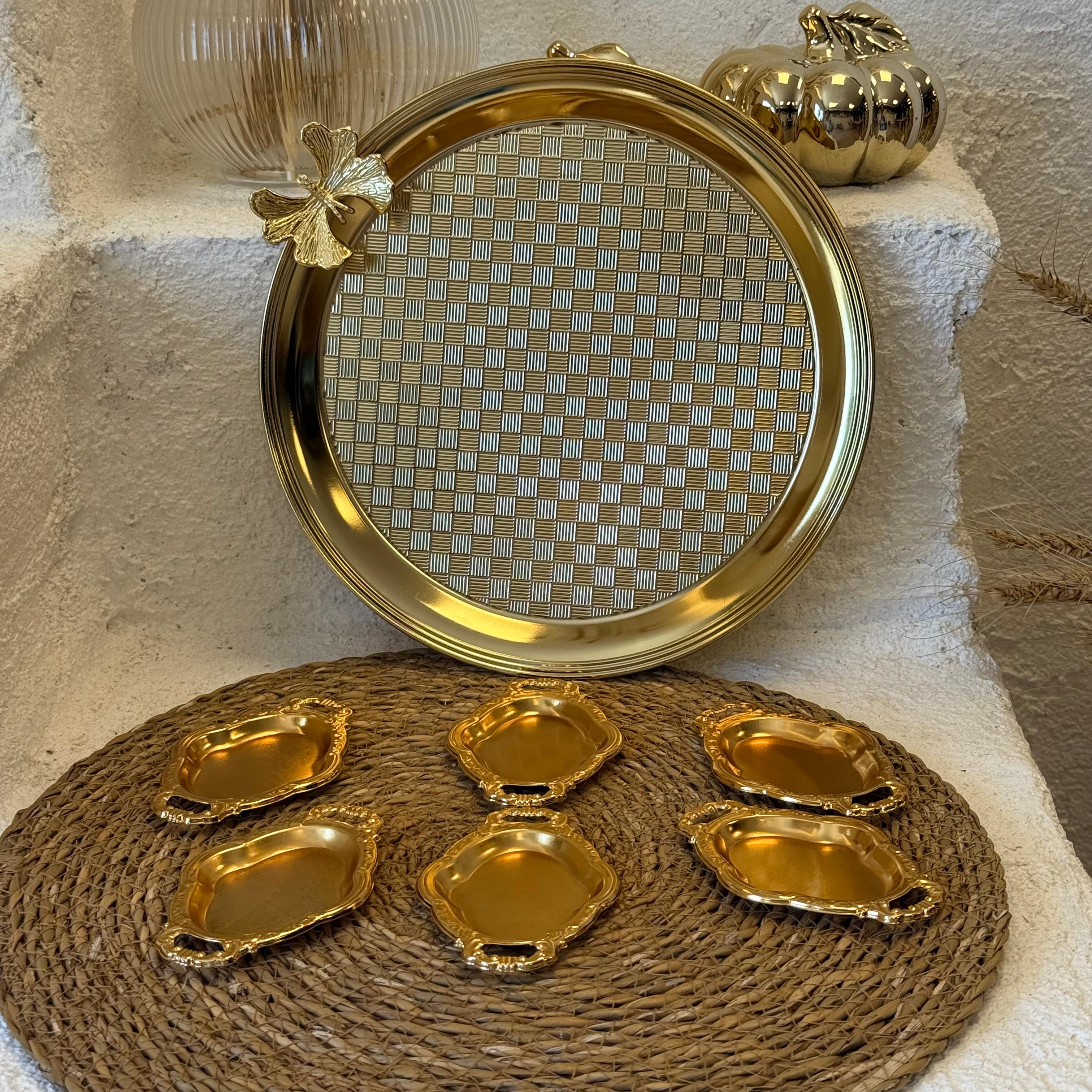 Cooker Kelebekli Yuvarlak Tepsi Alana, 6 Adet Oval Mini Sunumluk Hediye Gold 