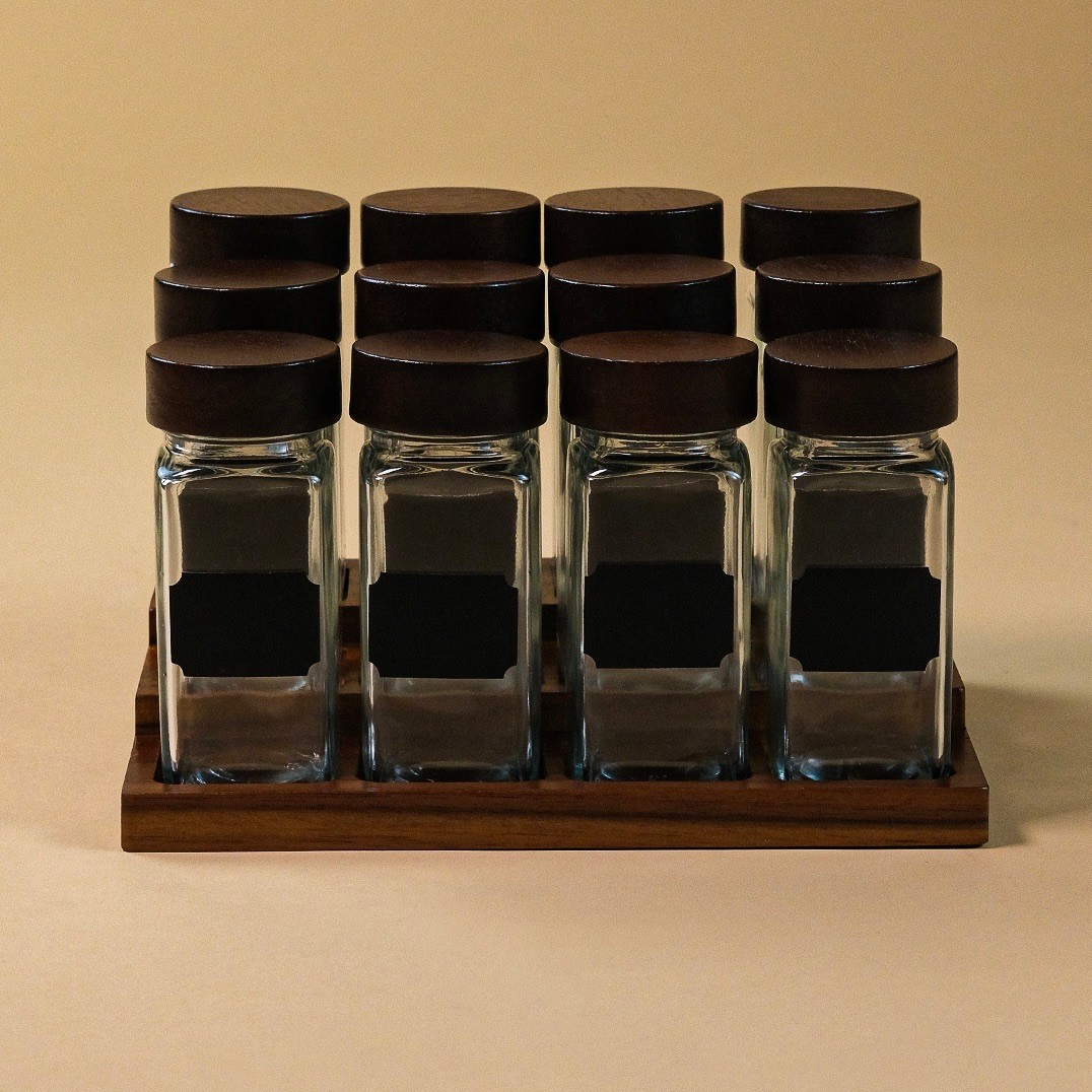 Spice Ahşap Standlı 12 li Cam Baharatlık Seti 120 ml 