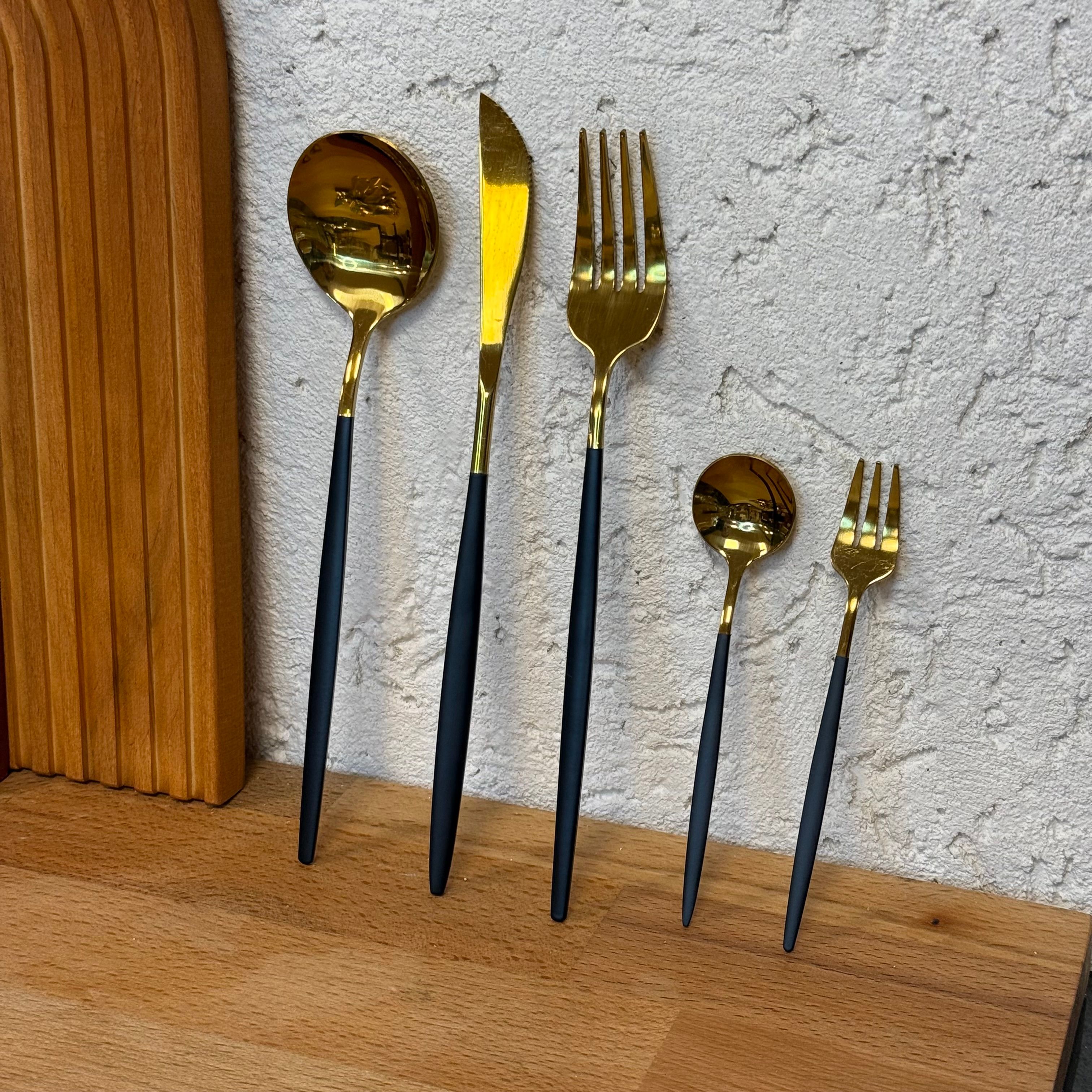 Zra Model 60 Parça Çatal Kaşık Bıçak Seti Siyah-Gold (Çok Satanlarda) 12 Kişilik