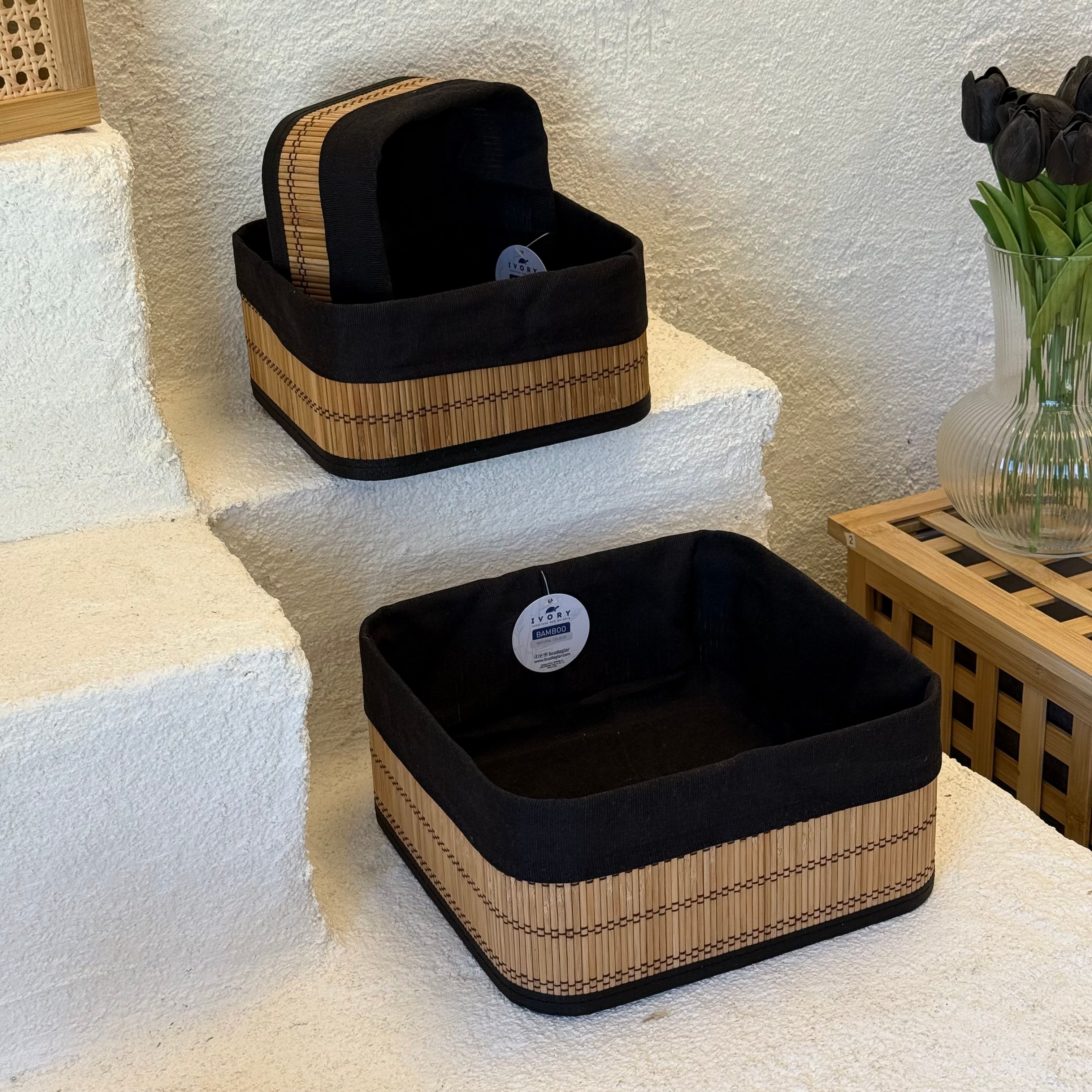 İvory Kare Siyah Astarlı Bambu Kare 3 Boy Organizer Seti 