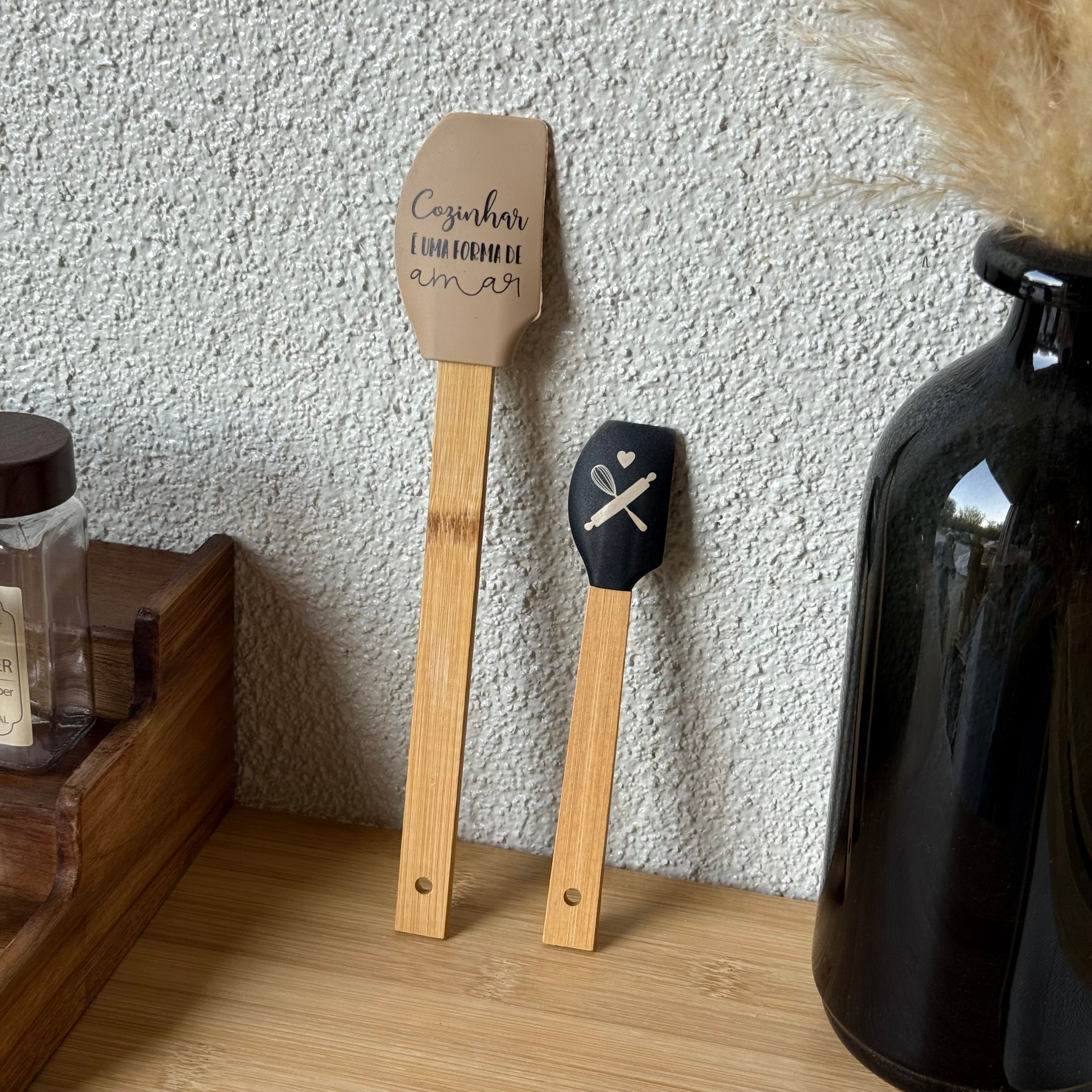 Medusa İki Boy Bambu Saplı Silikon Spatula Seti 27 cm ,18 cm Krem-Siyah