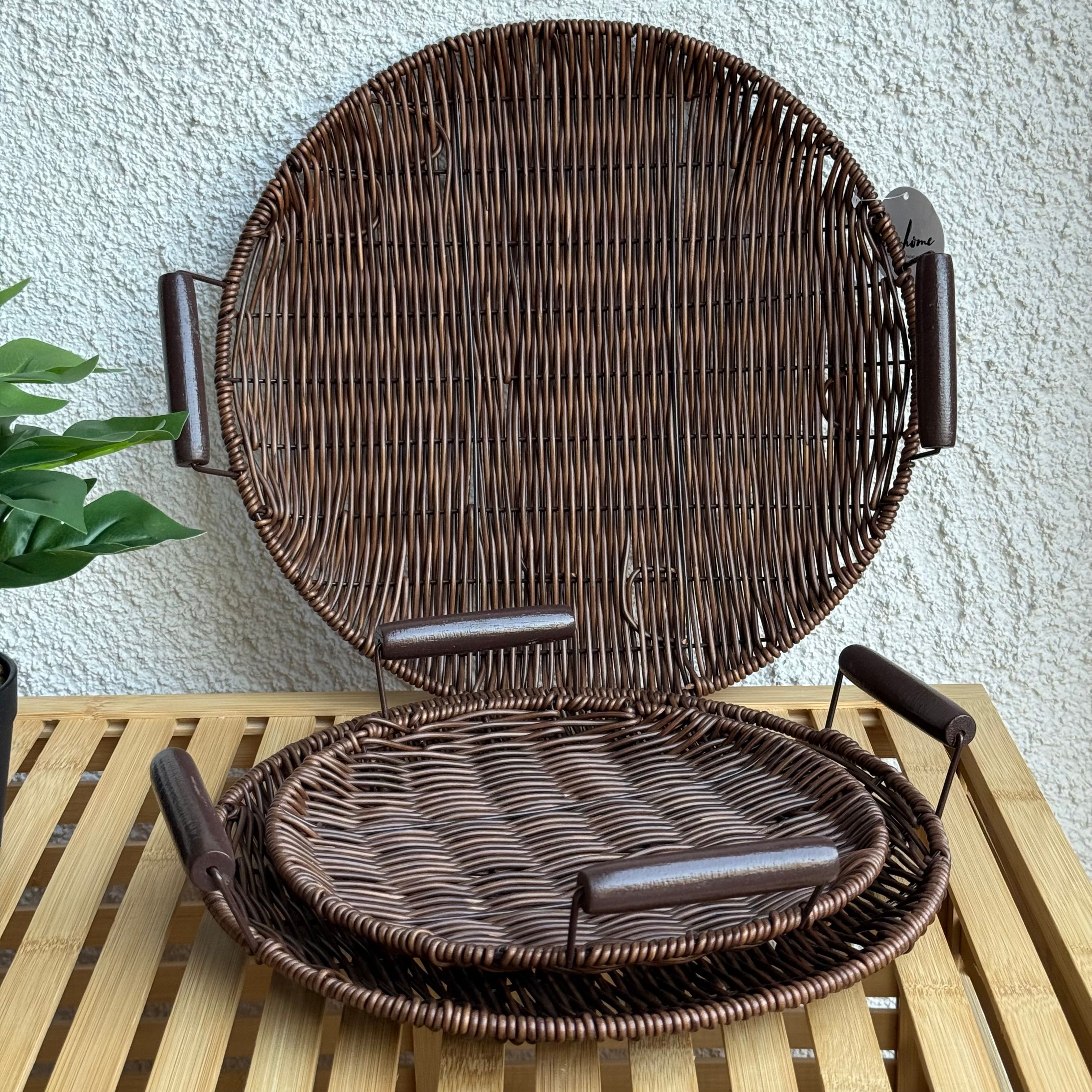 Rattan Kulplu 3 Boy Yuvarlak Tepsi Seti Kahve Rengi 