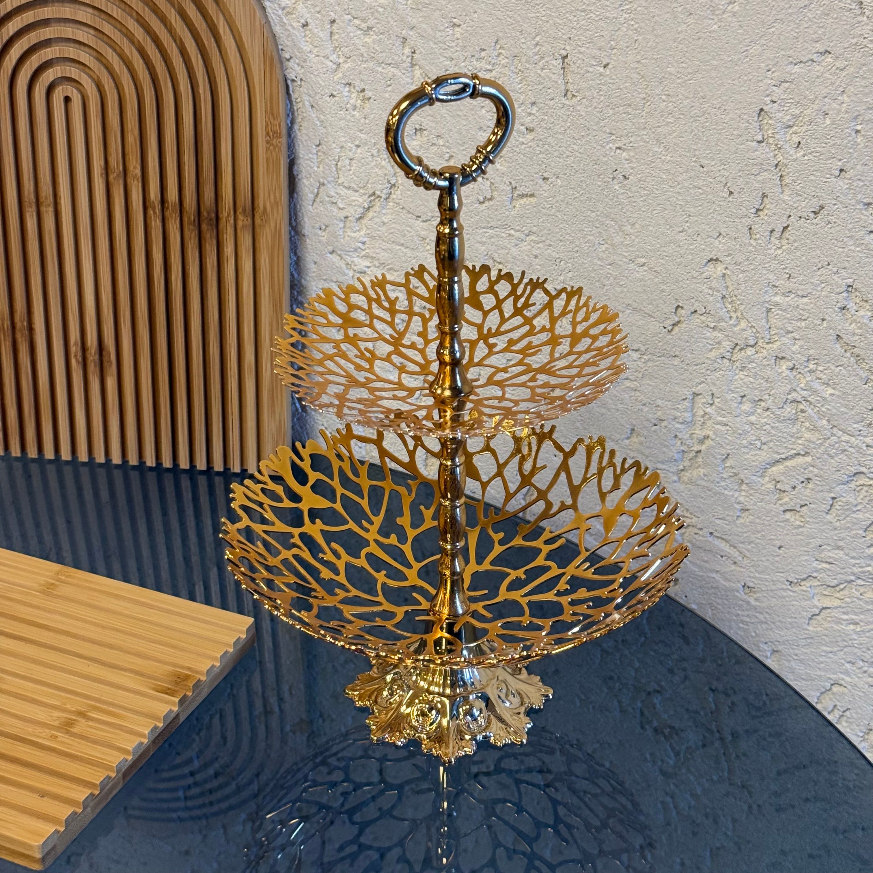 Evanev Lazer Kesim İki Katlı Ayaklı Meyvelik Gold 30 cm (İmkansız Fiyatlarda)