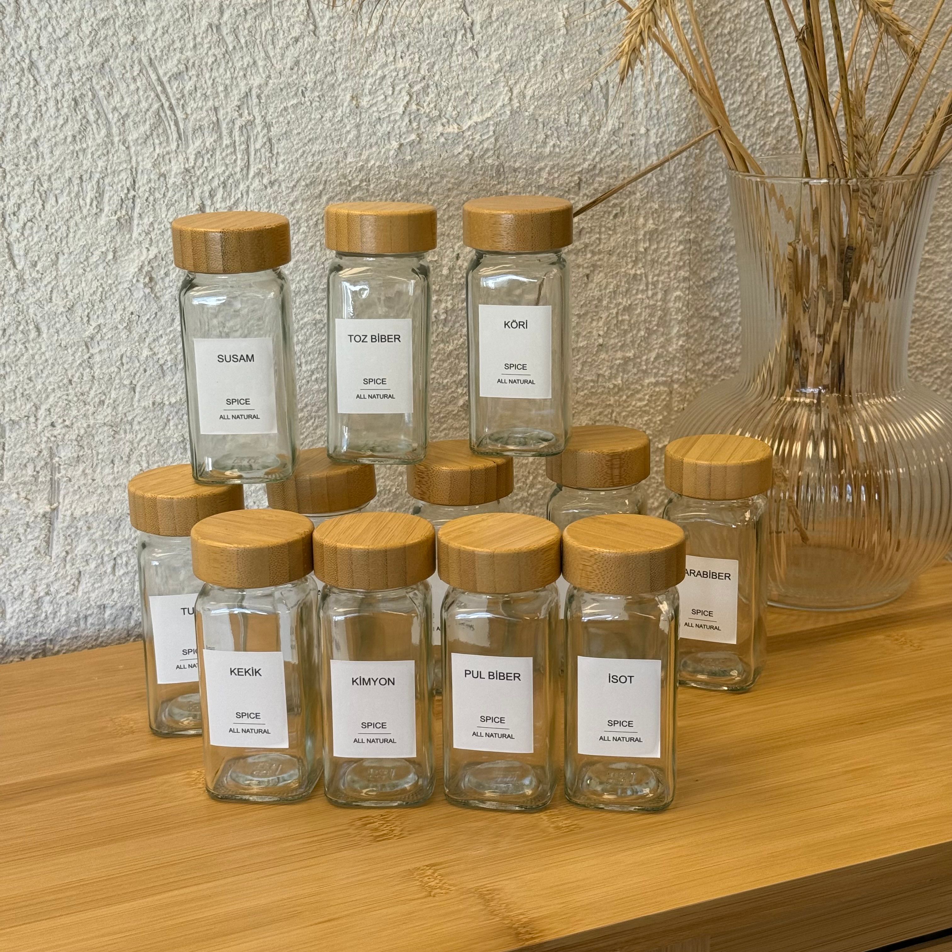 12 Adet Kare Bambu Kapaklı Cam Baharatlık Seti 120 ml (KOD-008)