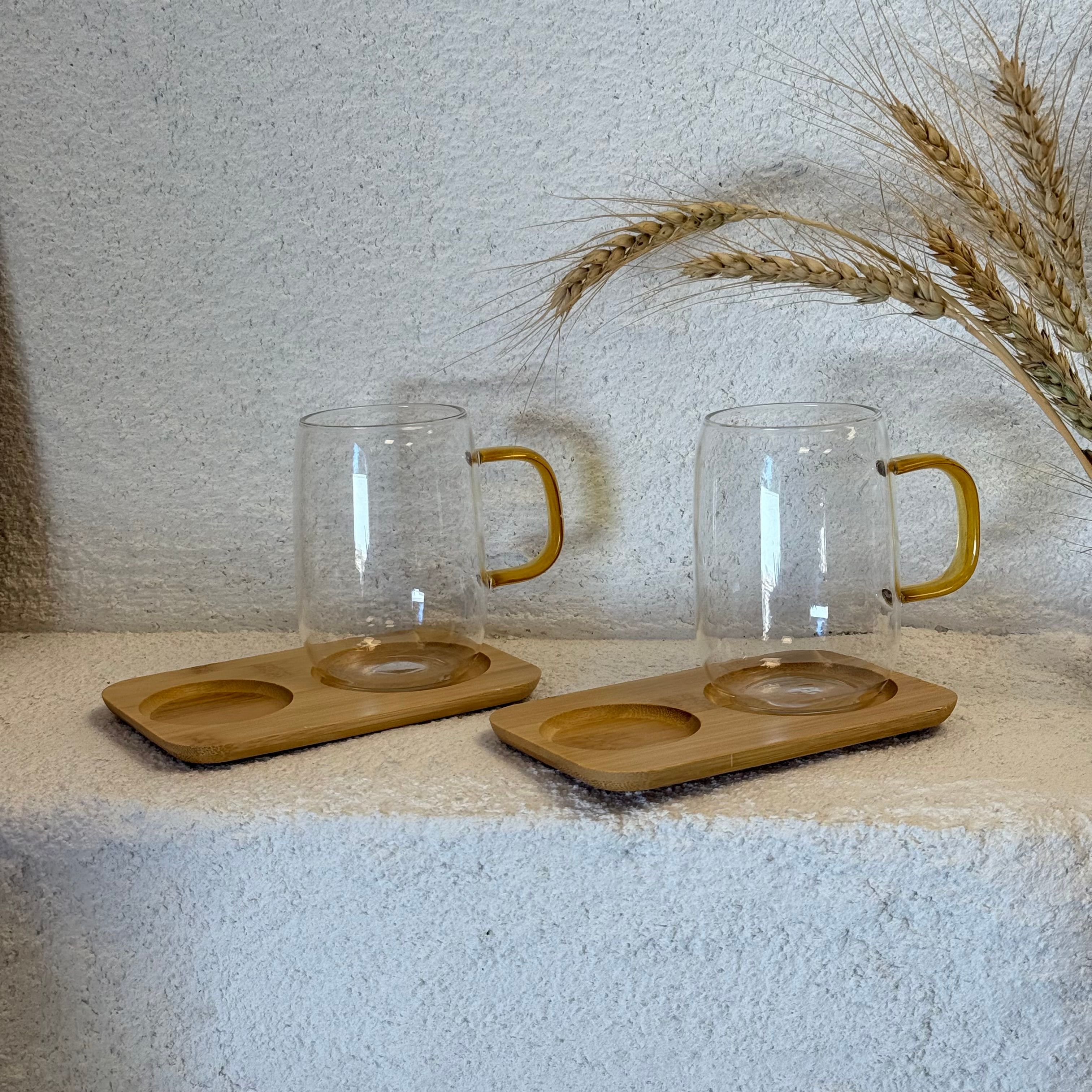 Cambu  Gold Kulplu Cam Kupa Seti İkili Bambu Standlı 280 ml 