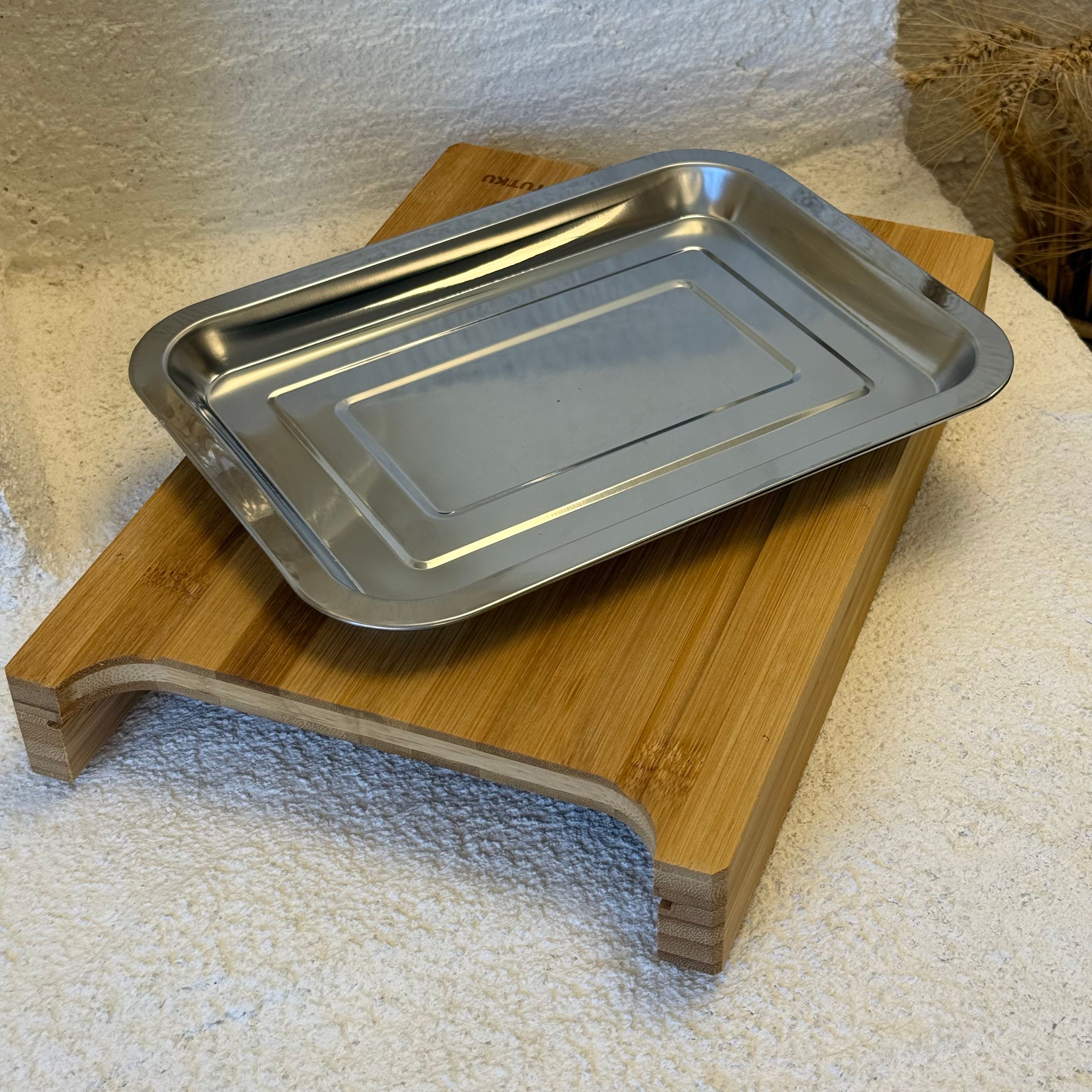 Bambu Kesim Tahtası Çelik Tepsi Hazneli 33x21 cm 