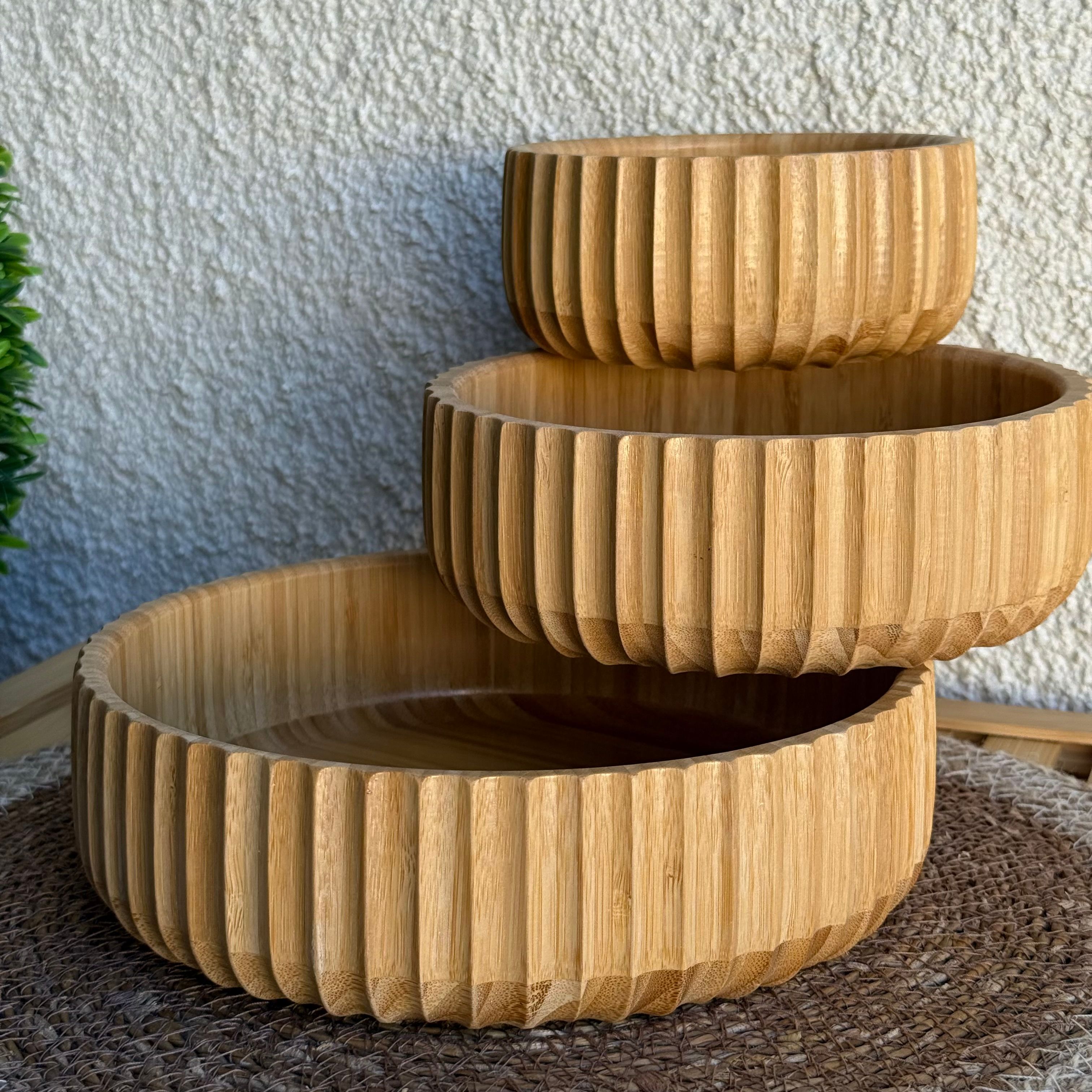 Barotti Bambu 3 Boy Çizgili Yuvarlak Kase 22 cm, 18 cm, 14 cm 