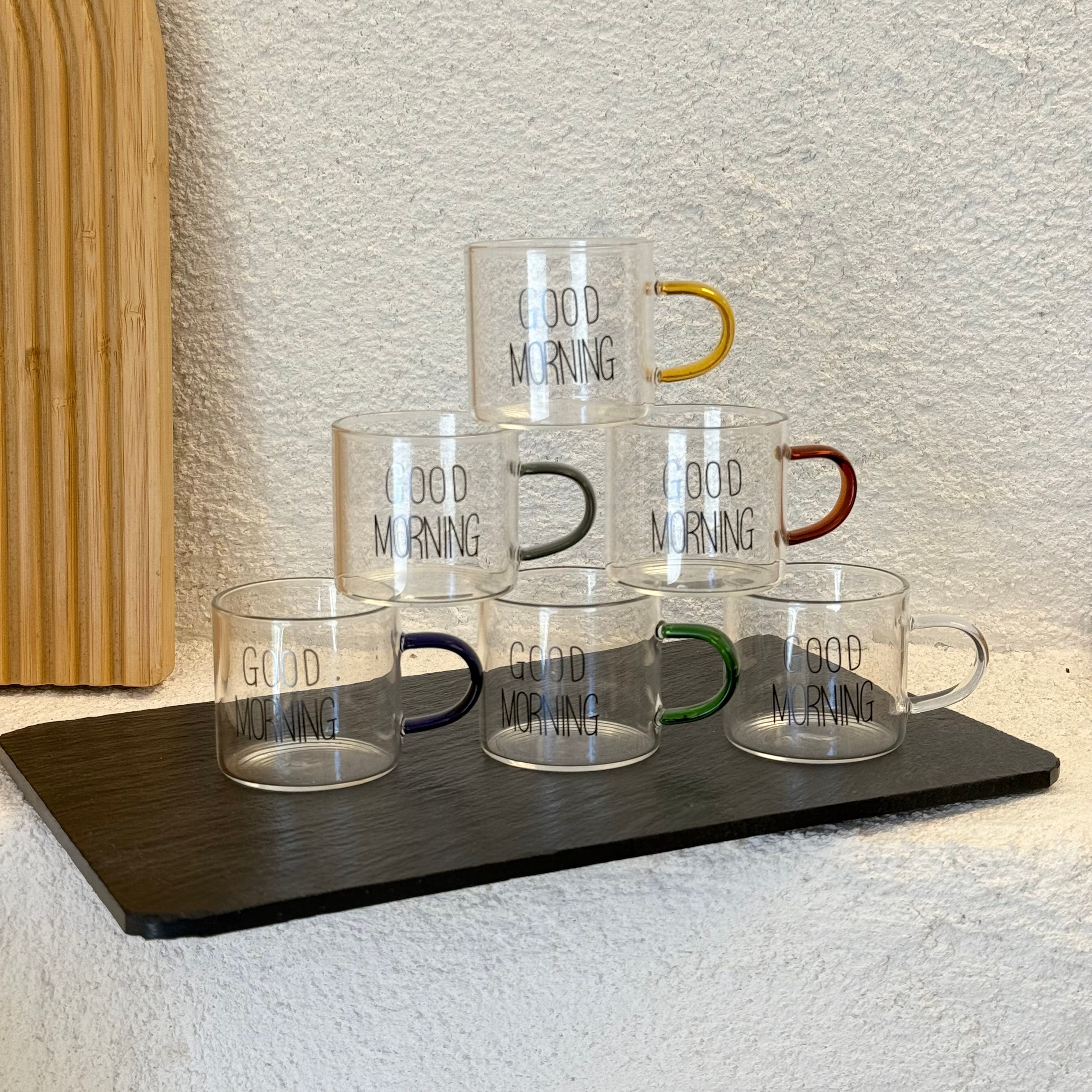 GOOD MORNİNG Borosilikat 6 Lı Kahve Fincan Takımı Kulp Renkli 