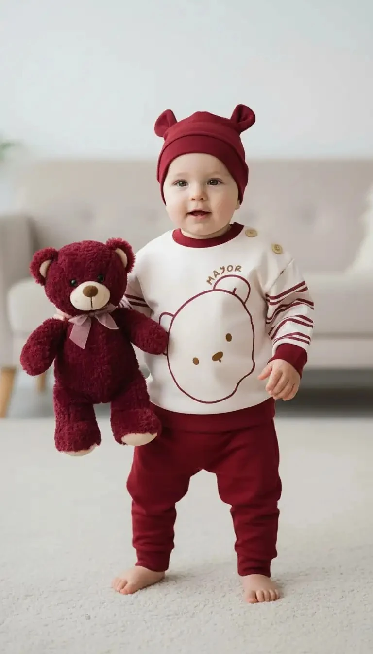 Ayıcık Baskılı Şapkalı 3 Lü Takım