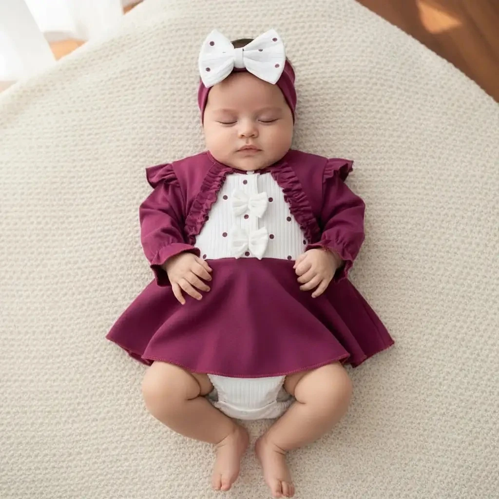 Fiyonklu Puantiyeli Romper - Mürdüm