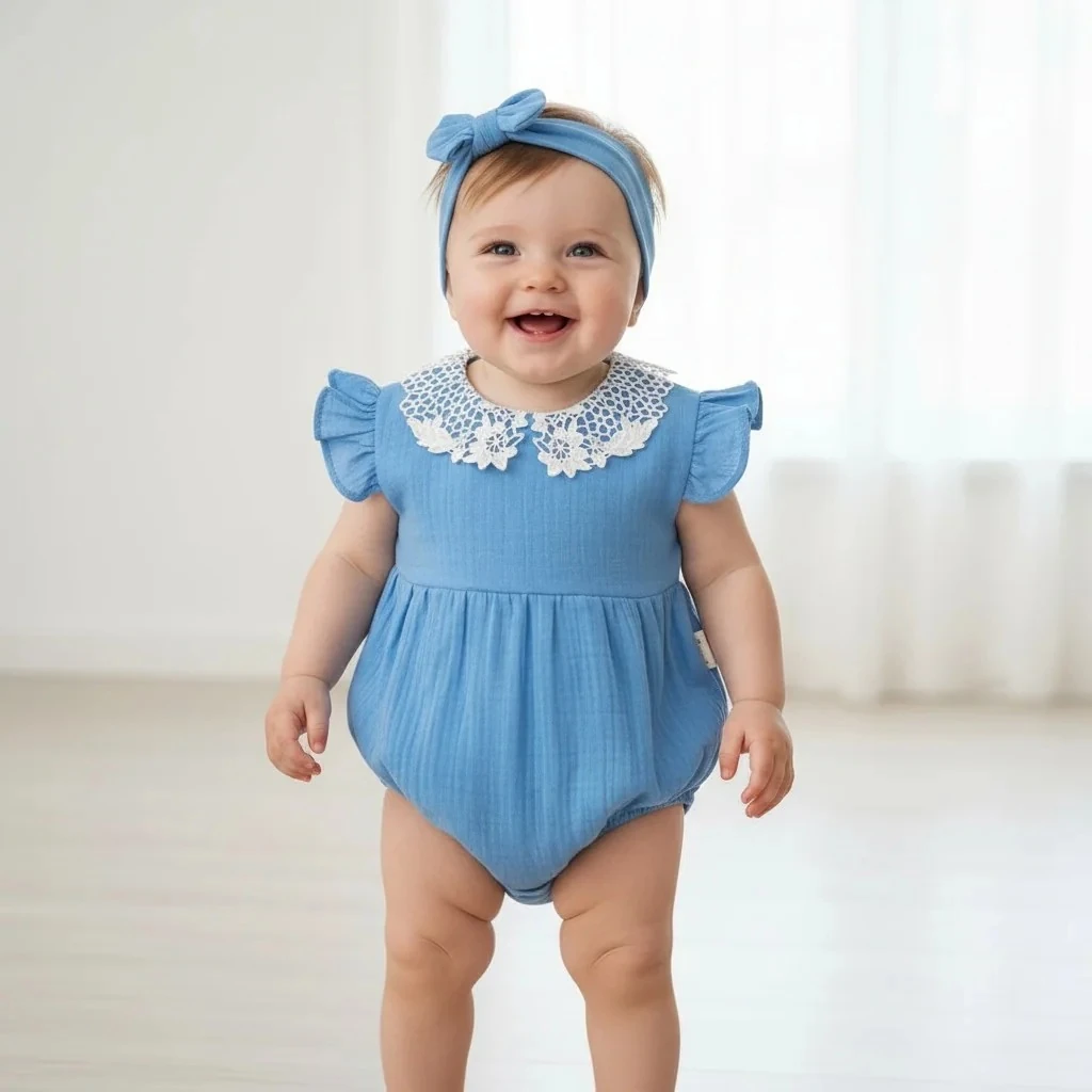 Dantel Yaka Müslin Tulum - Mavi