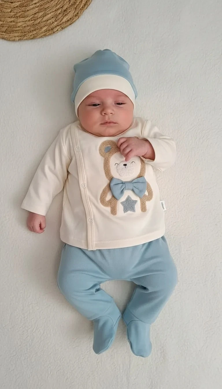 Ayıcık Baskılı Süzene Kendinden Eldivenli 3 Lü Takım