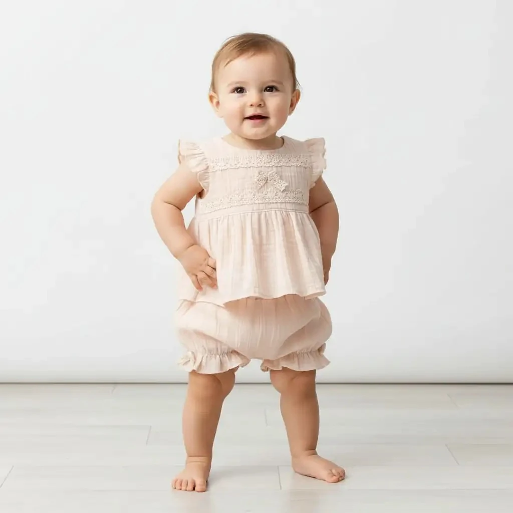 Dantelli Şortlu Müslin Takım - Pudra