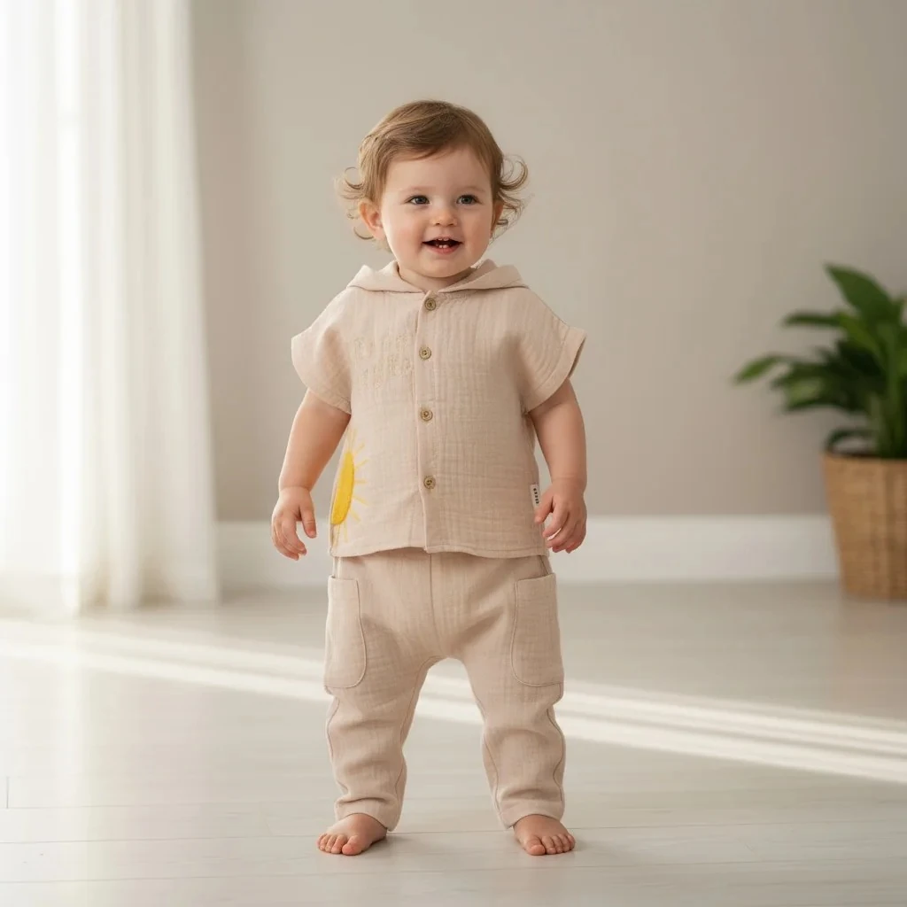 Kapşonlu Müslin 2 li Takım - Bej