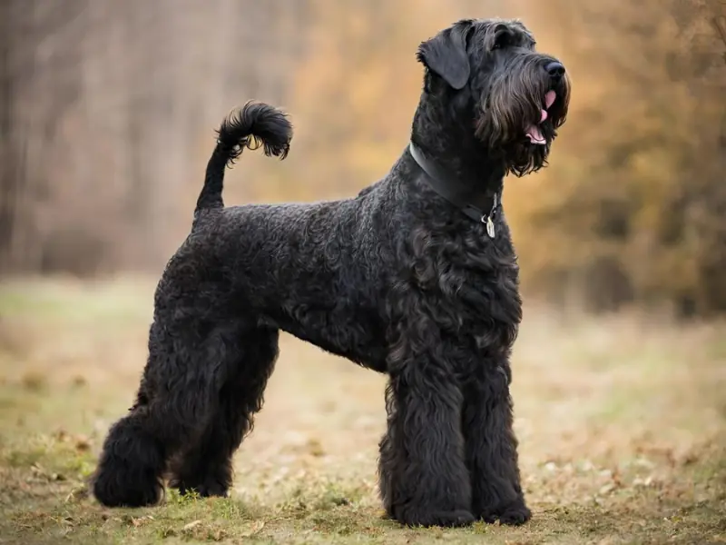 Sonbahar fonunda ayakta duran siyah tüylü Russian Black Terrier