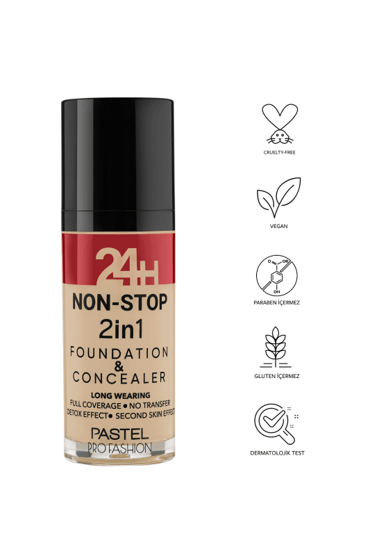 Pastel 24H Non Stop 2in1 Foundation &amp; Concealer Fondöten &amp; Kapatıcı 604 Vanilla