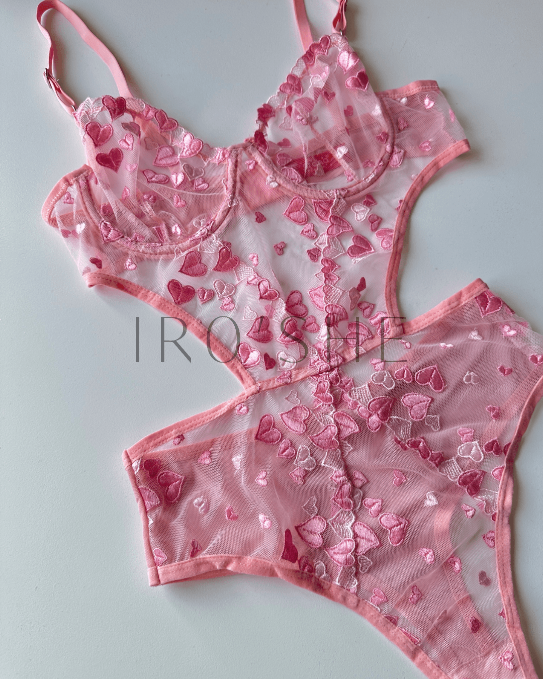 Lover Kalp İşlemeli Balenli Pembe Bodysuit