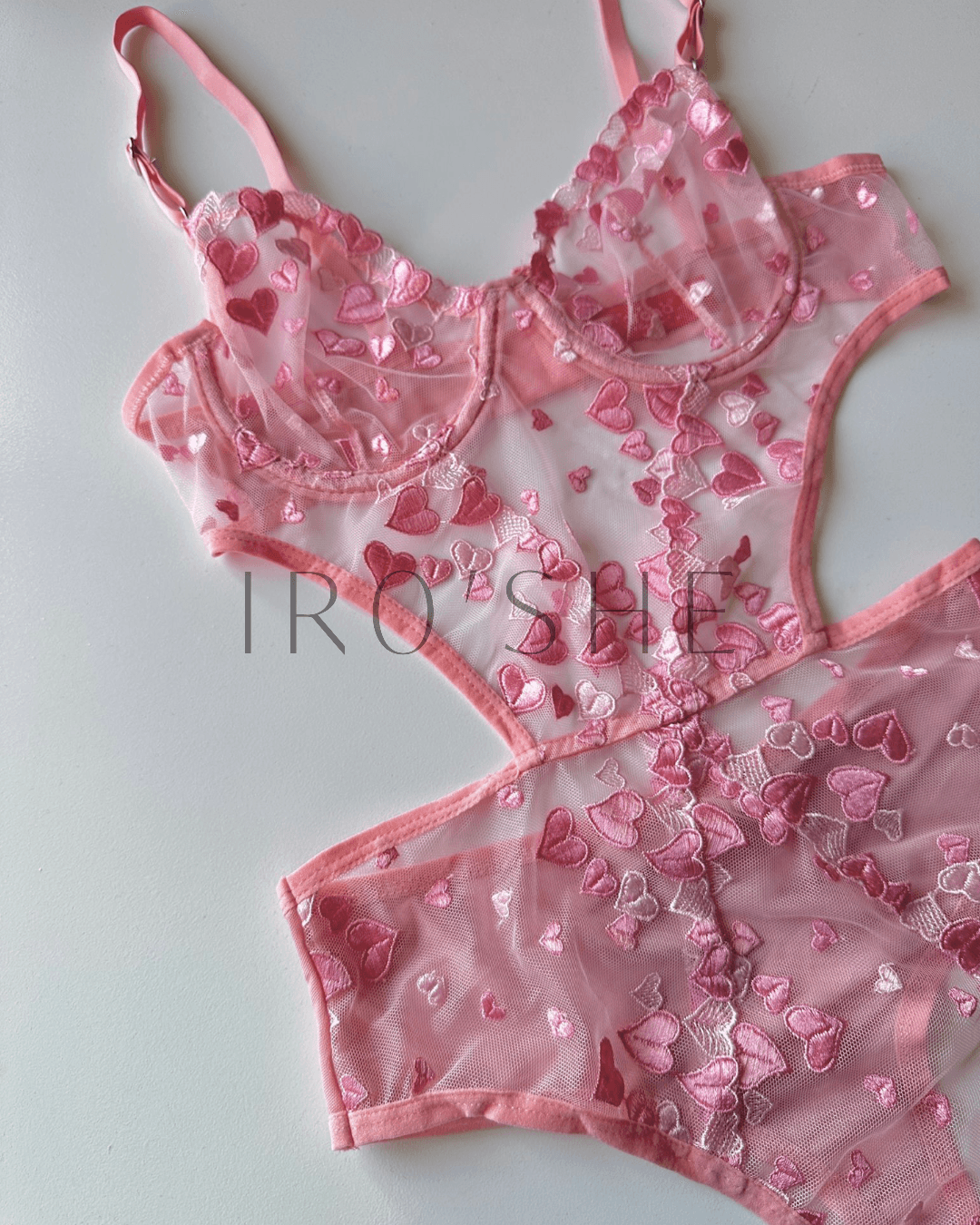Lover Kalp İşlemeli Balenli Pembe Bodysuit