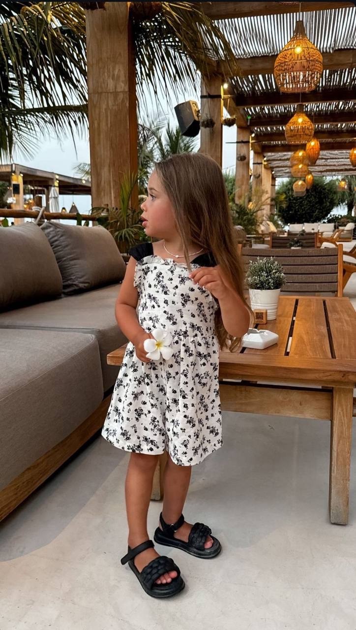 Çiçekli Beyaz Siyah Tulum Elbise