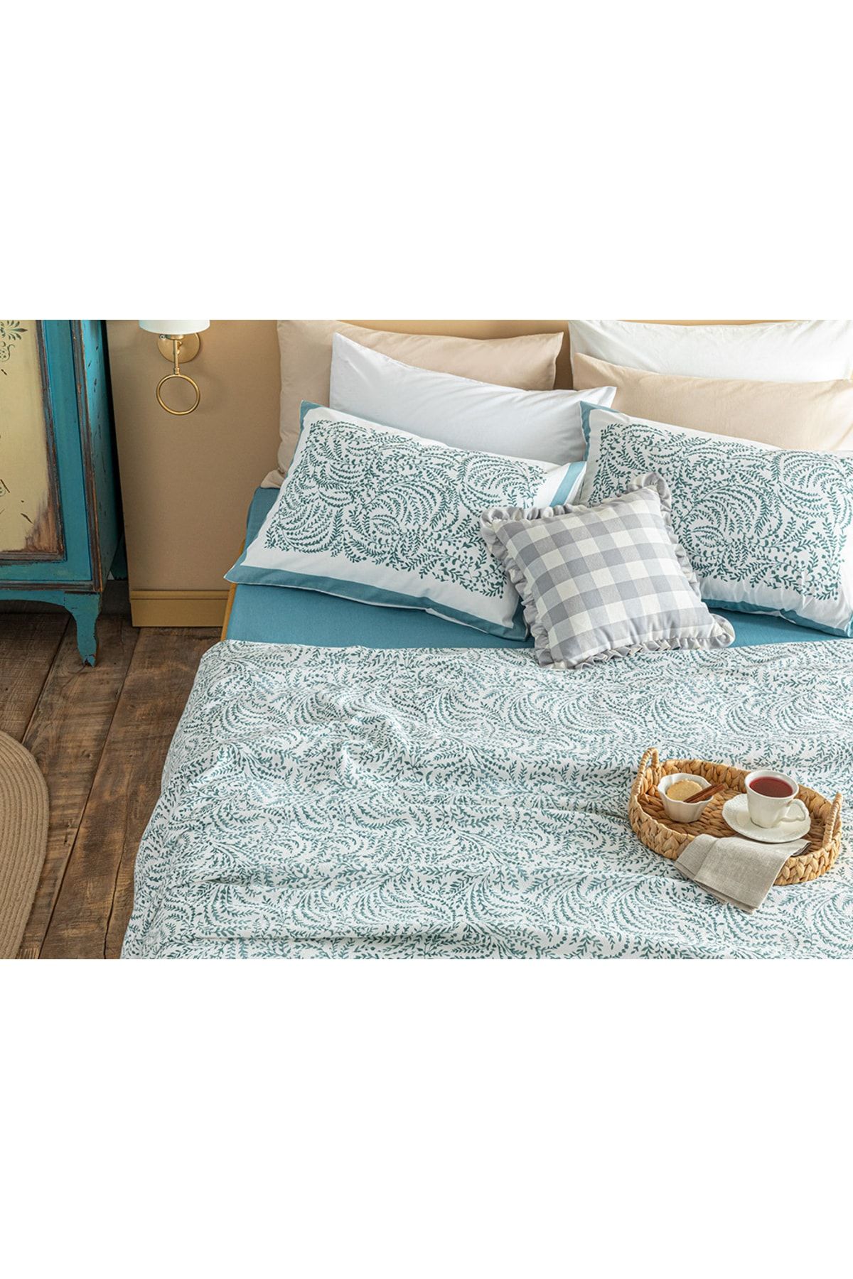 Calm Nature Baskılı Tek Kişilik Pike Takımı 150x220 Cm Seledon