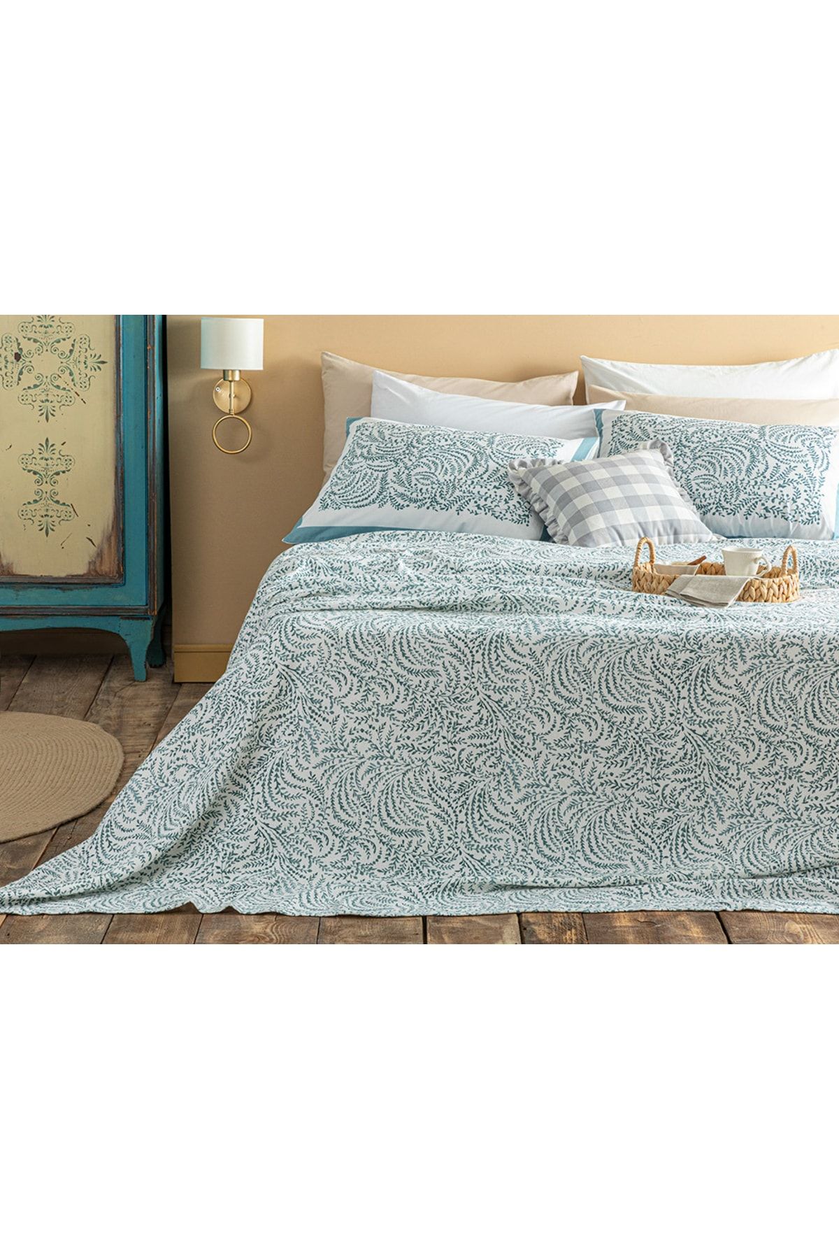Calm Nature Baskılı Tek Kişilik Pike Takımı 150x220 Cm Seledon