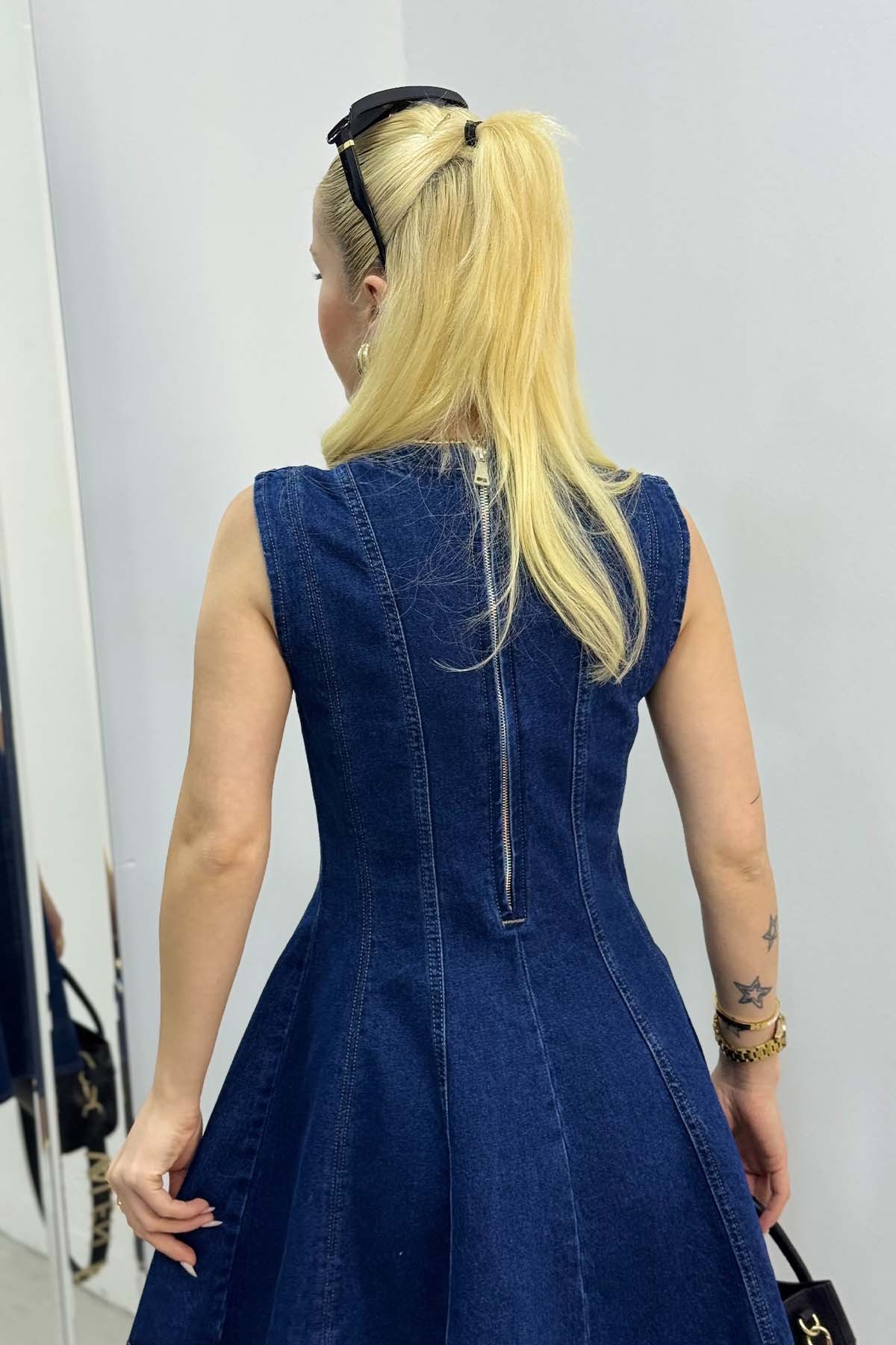 Belden Oturtmalı Denim Elbise - Mavi