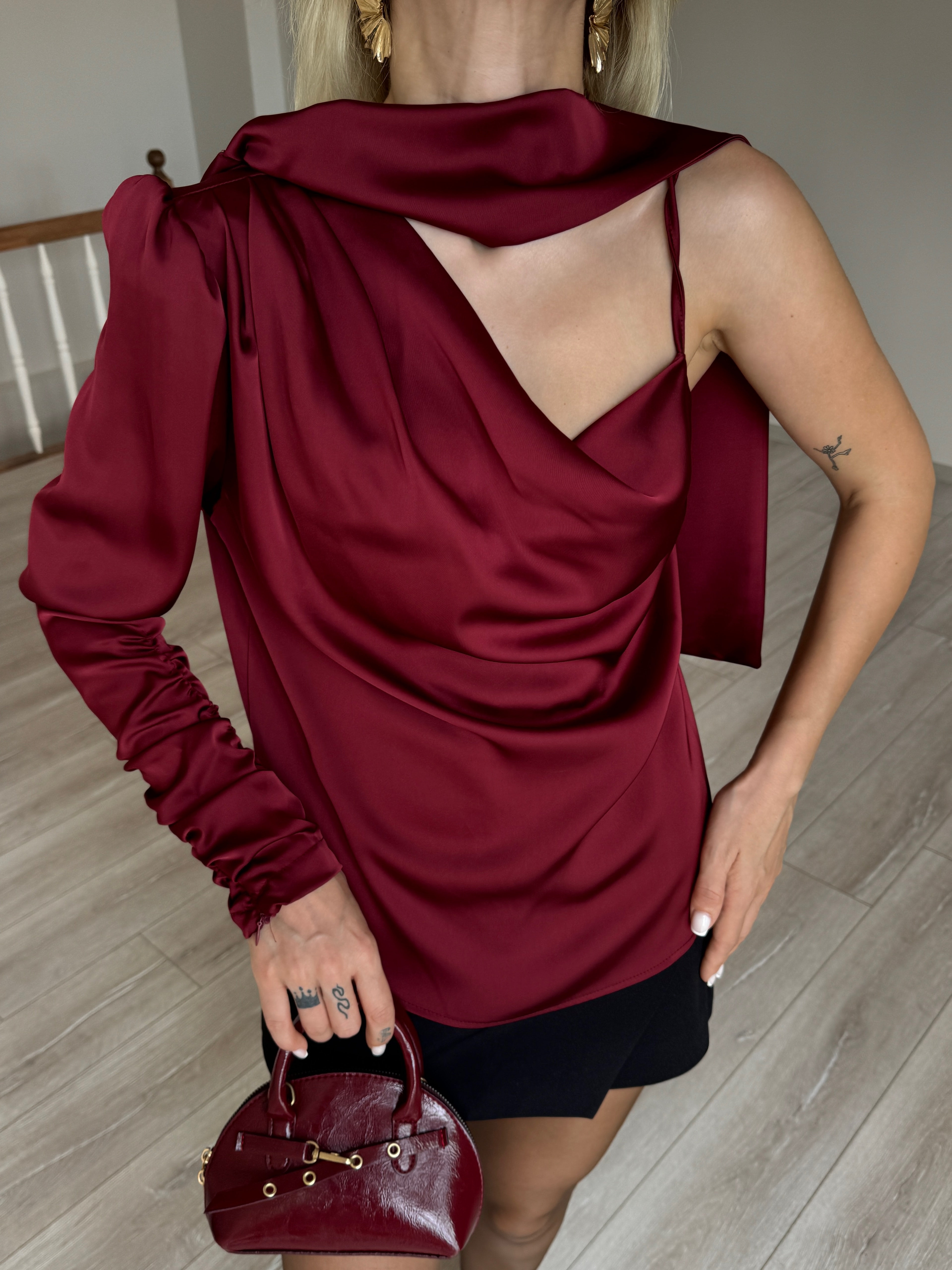 Saten Tek Kollu Şal Yaka Bluz - Bordo