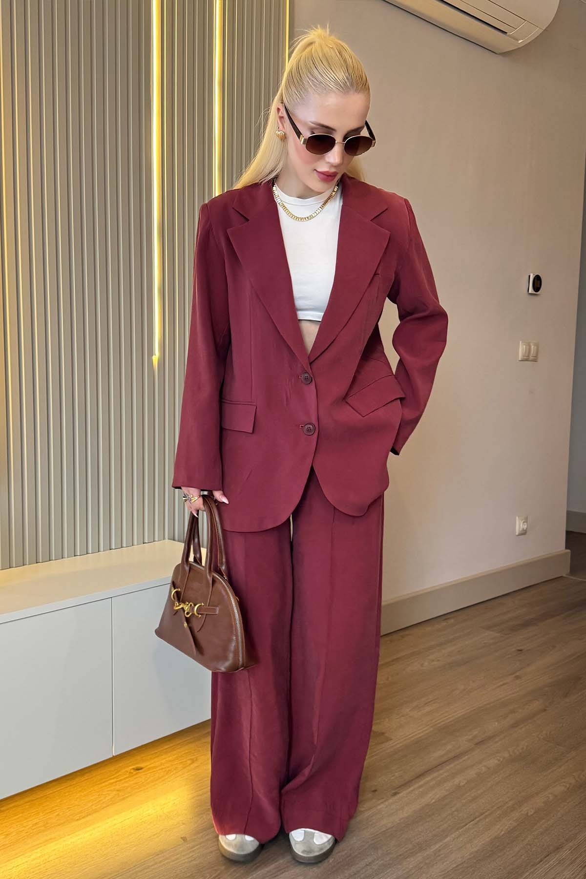 Oversize Ceket Pantolon Takım  - vişne çürüğü
