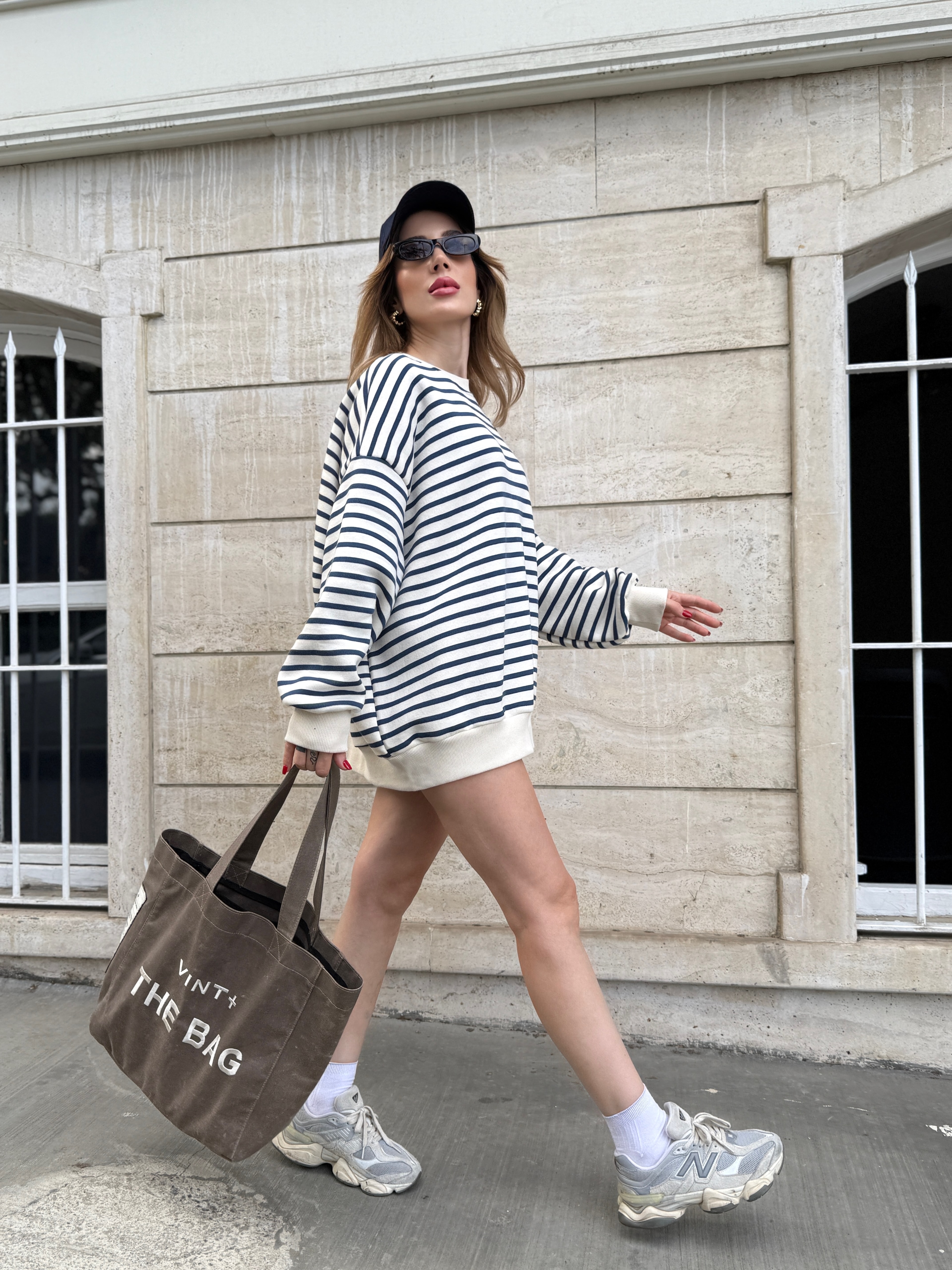 Çizgili Oversize  Şardonlu Sweat  - mavi