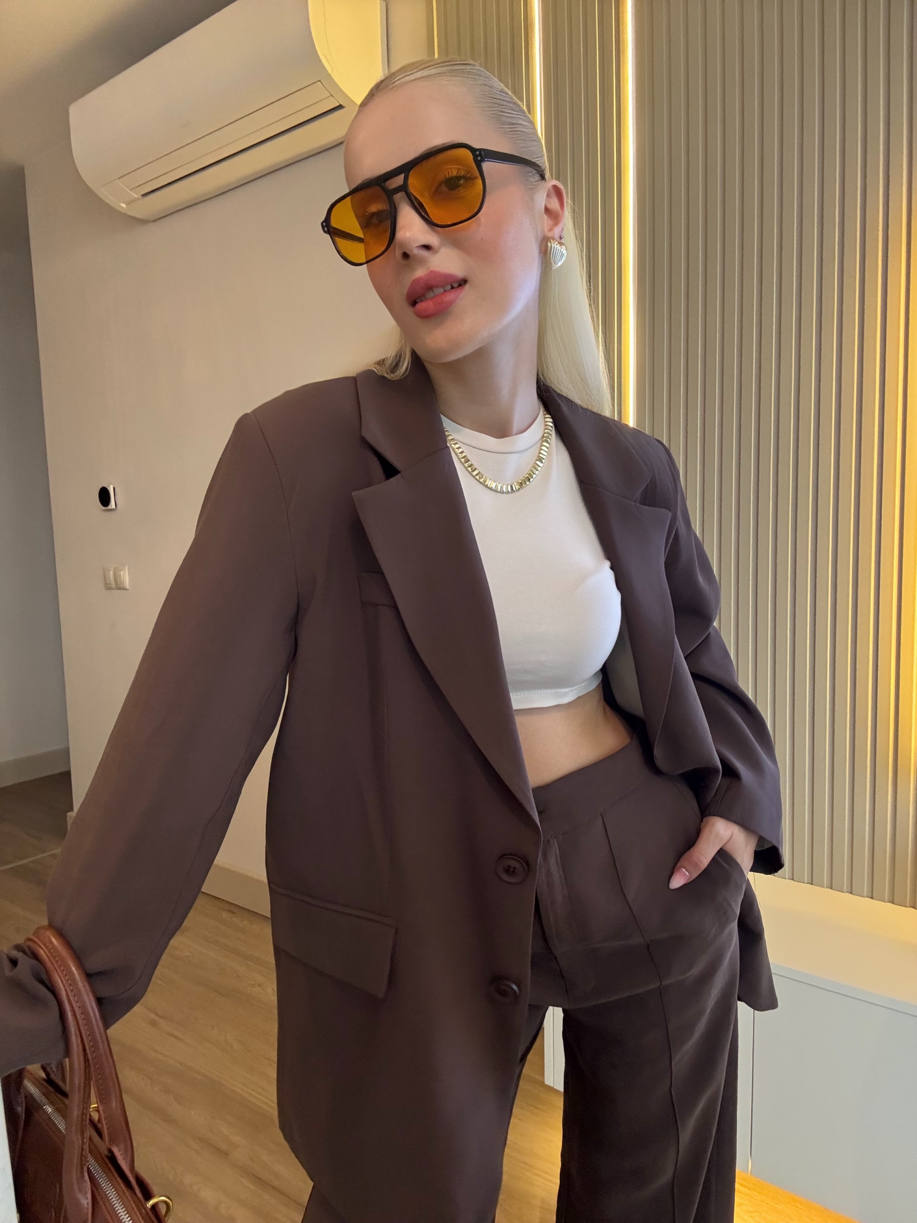 Oversize Ceket Pantolon Takım  - Kahverengi