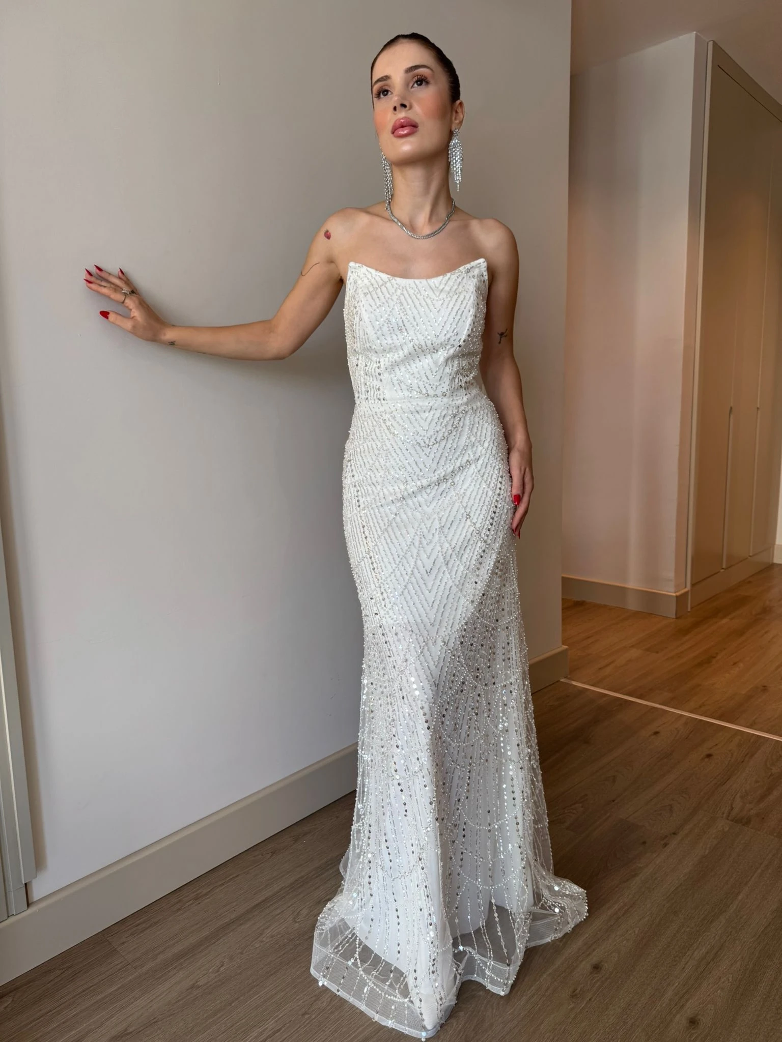 Payet İşlemeli Strablez Abiye - Beyaz