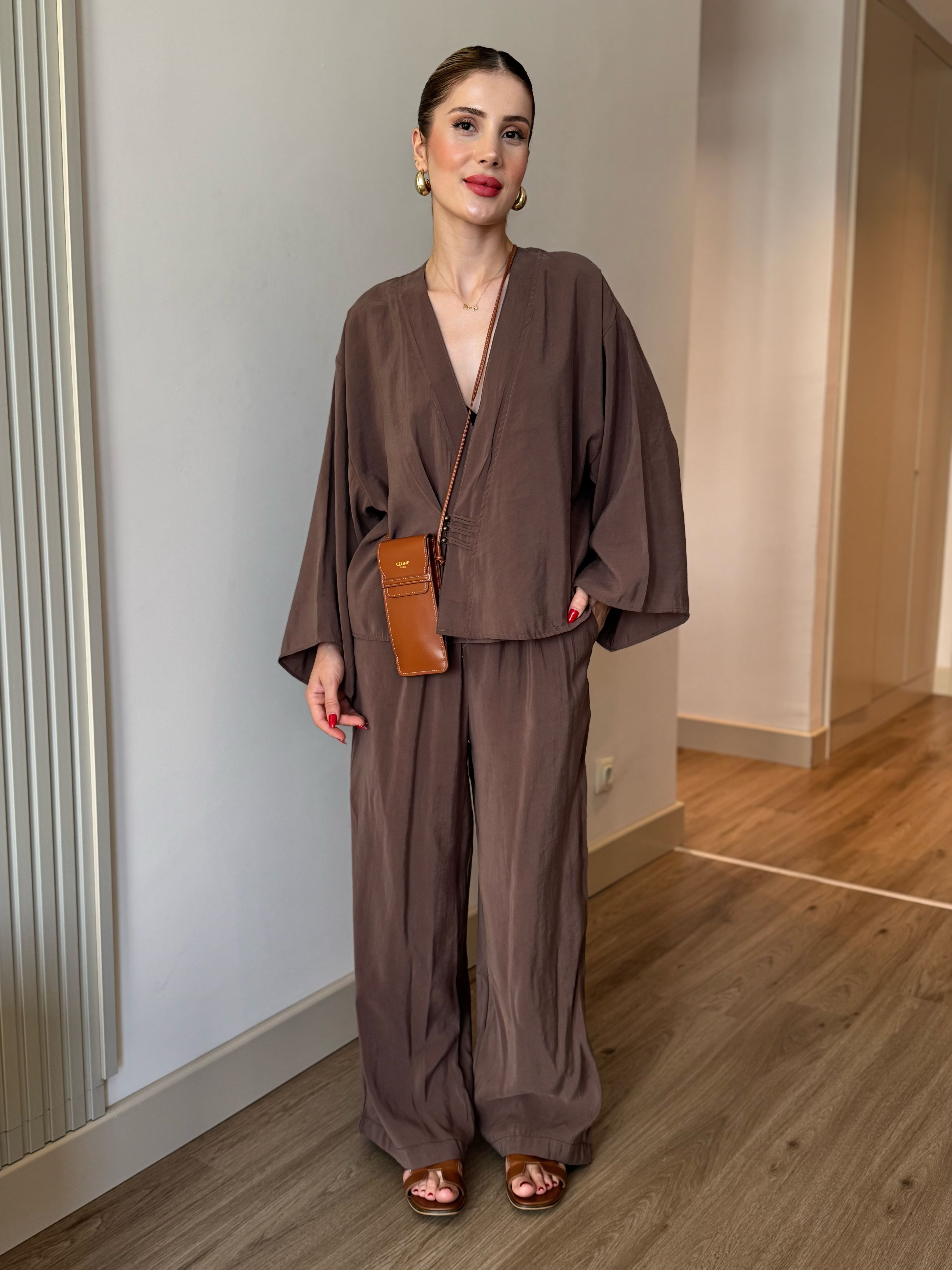 V Yaka Kimono Takım - Kahverengi