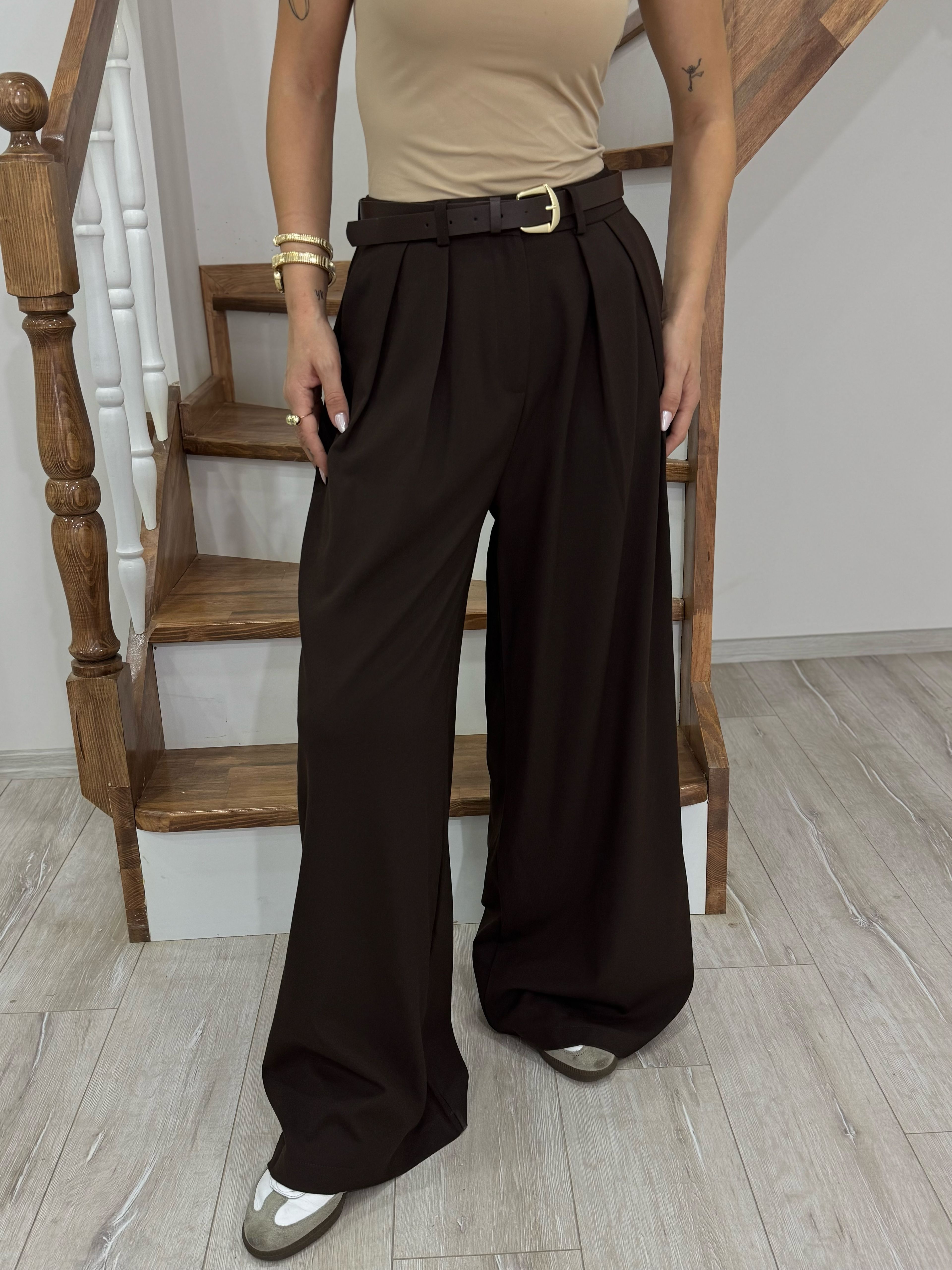 Ultra Lüx Kemerli Pantalon - Kahverengi