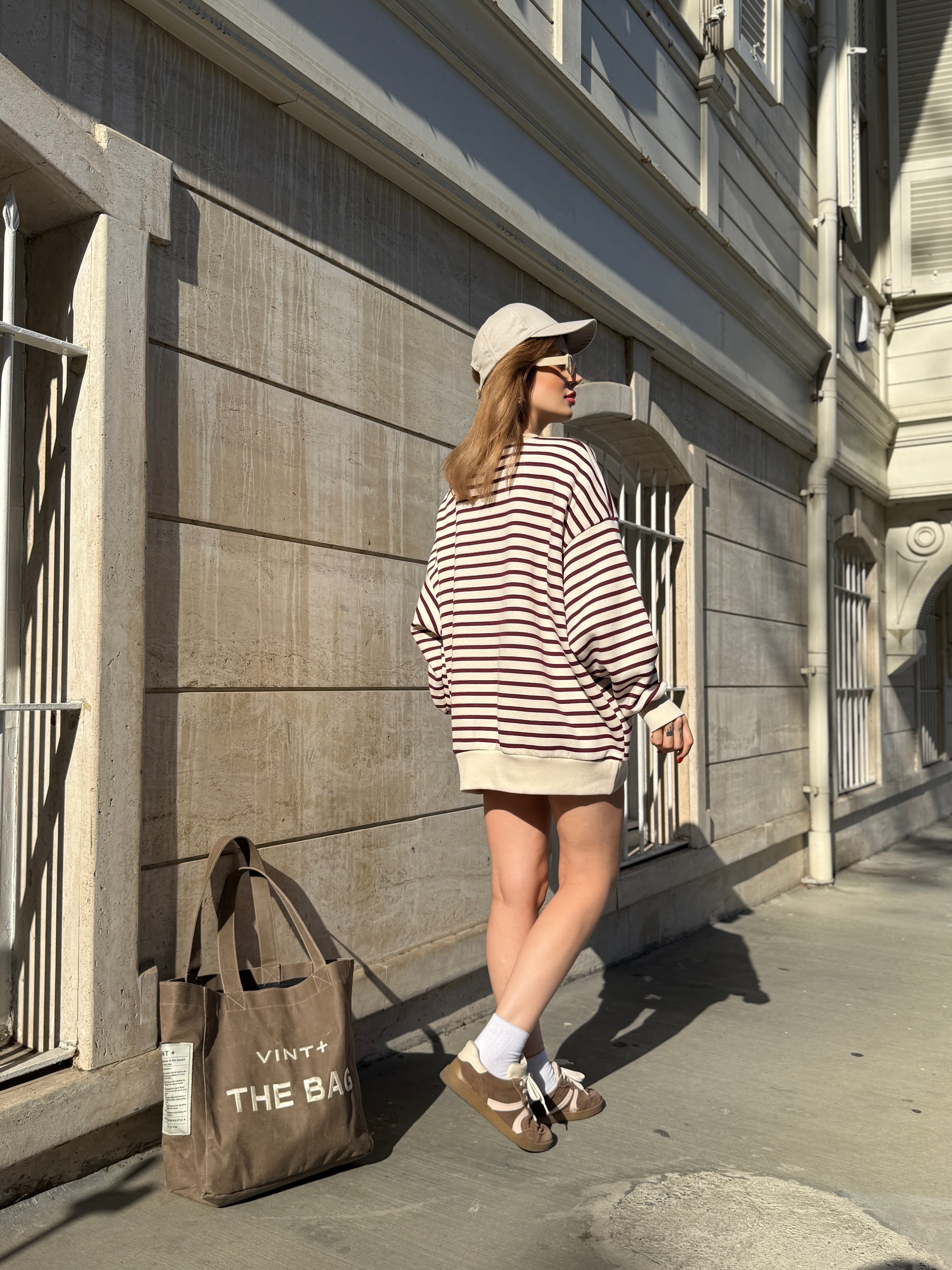 Çizgili Oversize  Şardonlu Sweat  - Bordo