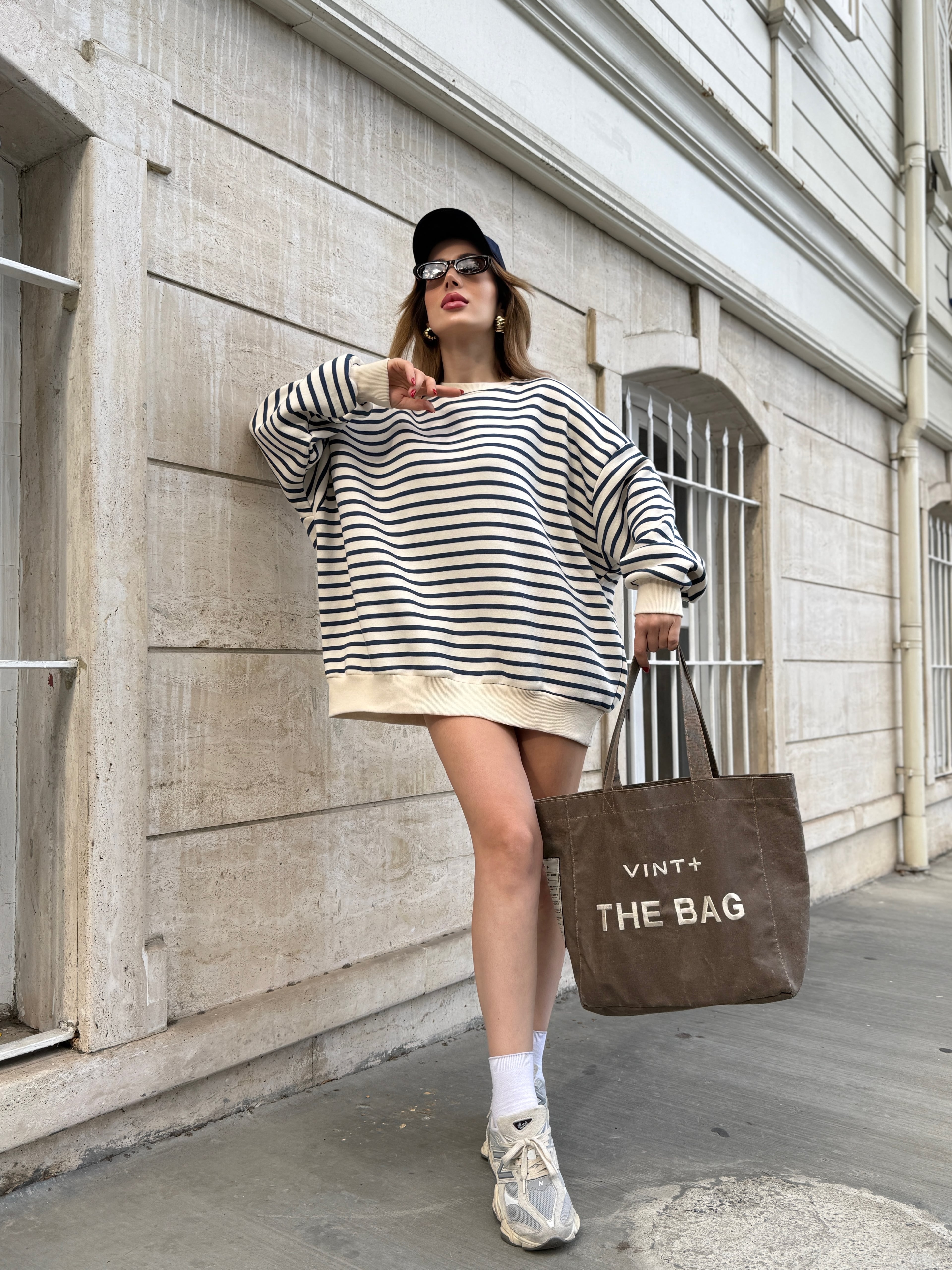 Çizgili Oversize  Şardonlu Sweat  - mavi