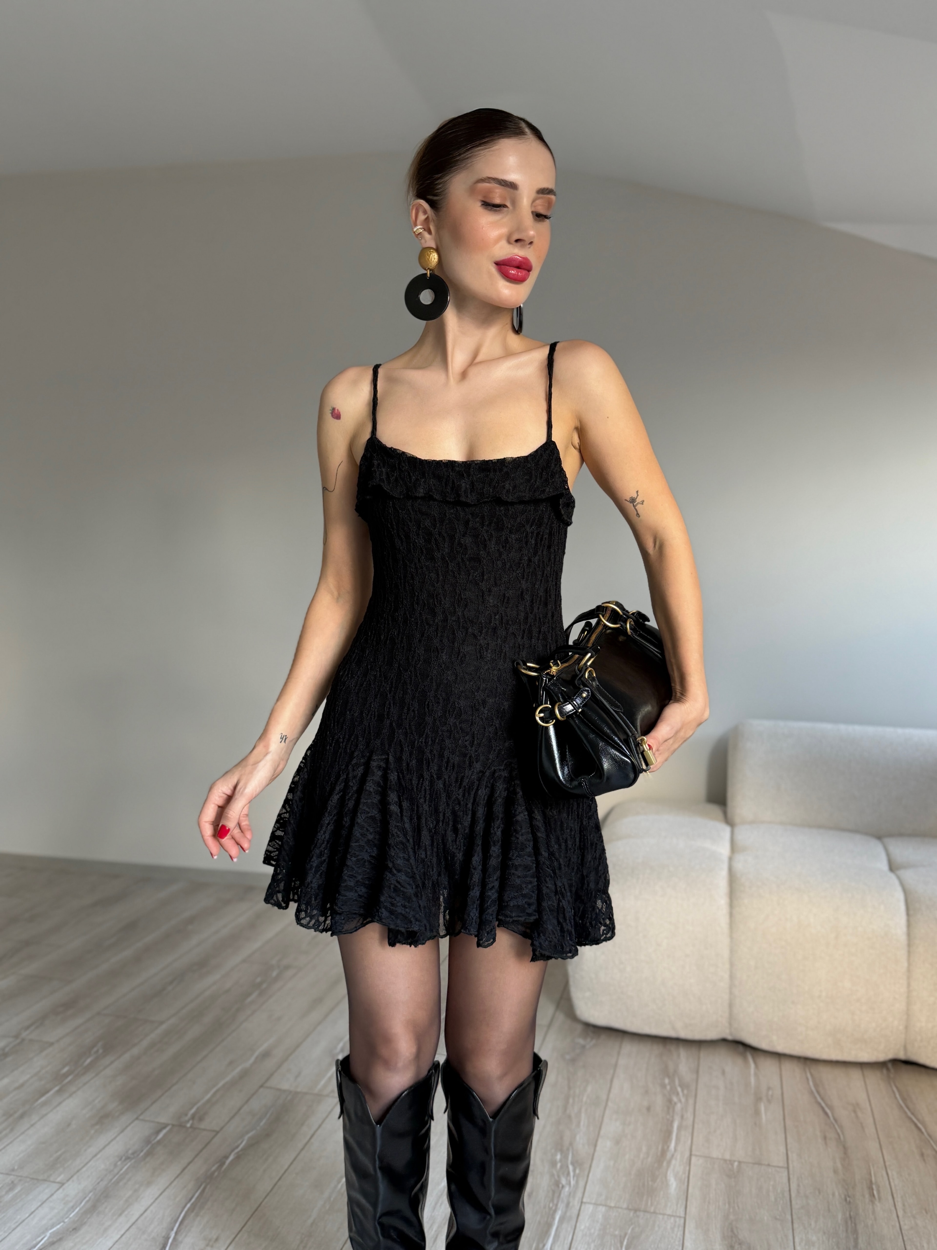 Dantelli Mini Elbise - Siyah